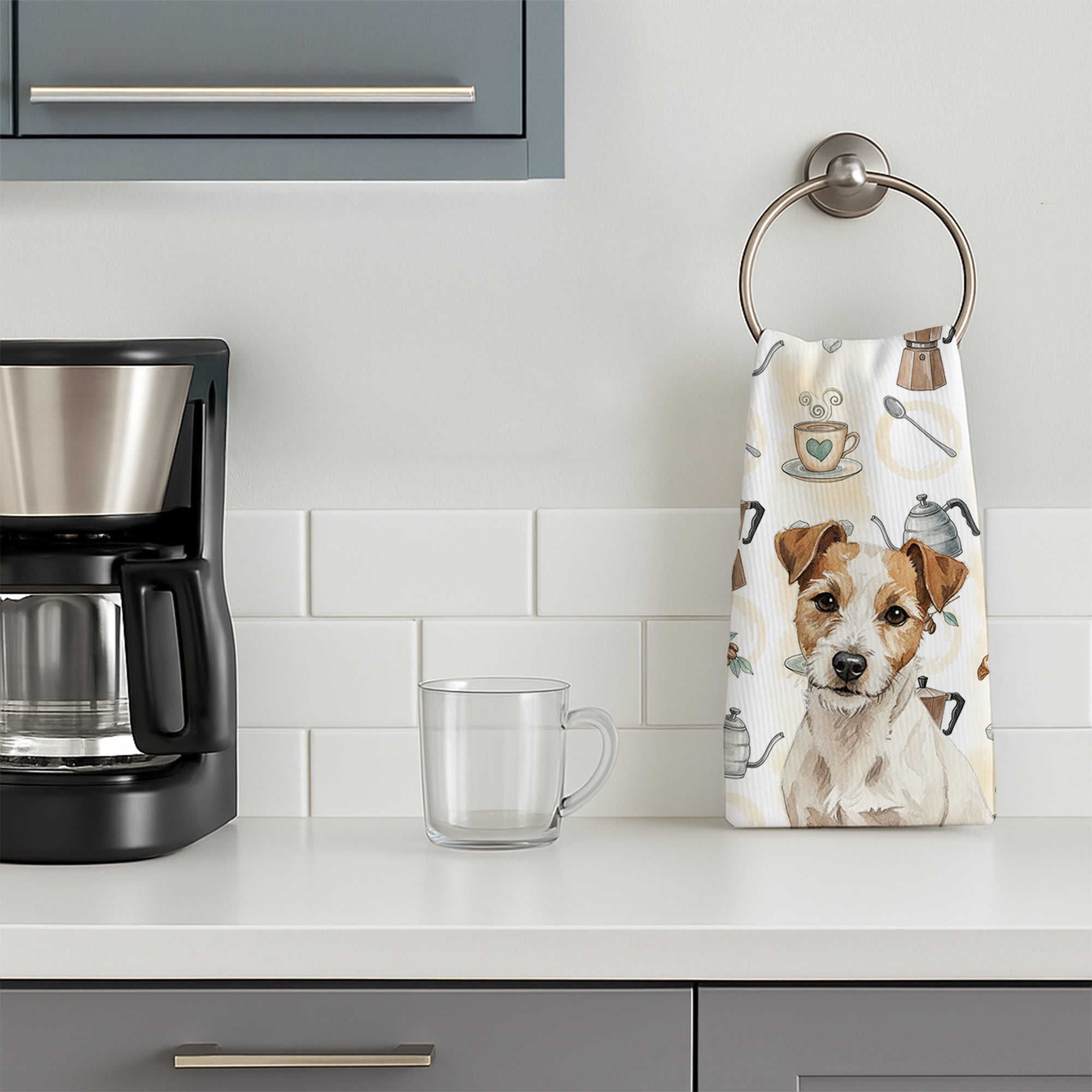 White with Tan Markings Russell Terrier Coffee Bar Kitchen Towel Velour Plush Front and Cotton Loop Back Machine Washable
