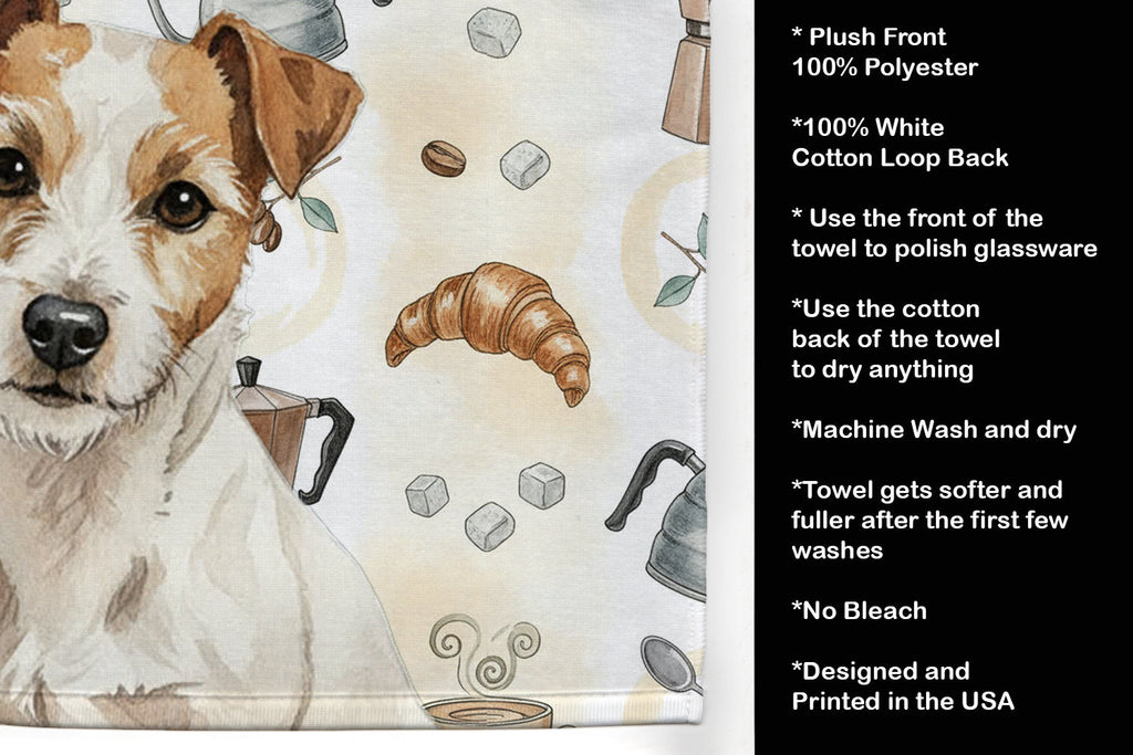 White with Tan Markings Russell Terrier Coffee Bar Kitchen Towel Velour Plush Front and Cotton Loop Back Machine Washable