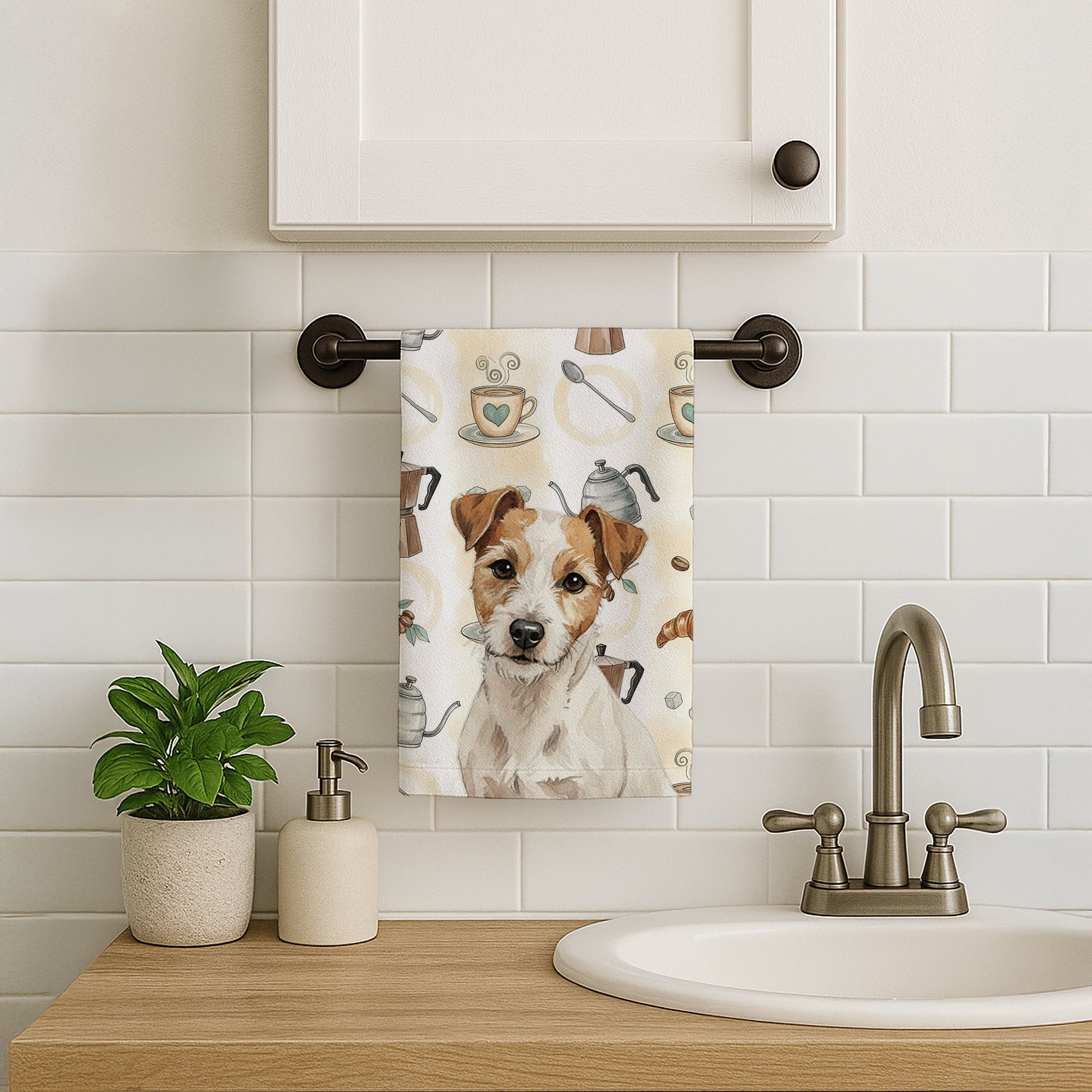 White with Tan Markings Russell Terrier Coffee Bar Kitchen Towel Velour Plush Front and Cotton Loop Back Machine Washable