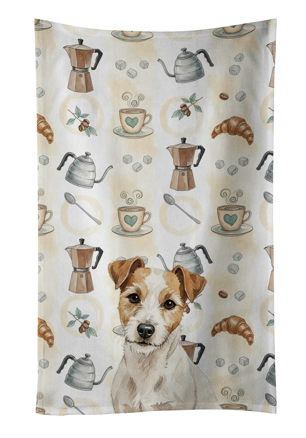 White with Tan Markings Russell Terrier Coffee Bar Kitchen Towel Velour Plush Front and Cotton Loop Back Machine Washable