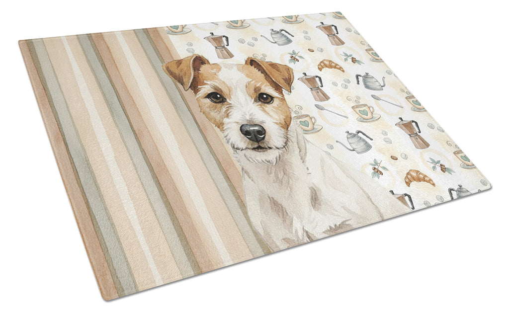 White with Tan Markings Russell Terrier Coffee Bar Cutting Board Tempered Glass Kitchen Cutting Surface, Heat Resistant Chopping, Non-Slip Feet, Food Prep & Serving