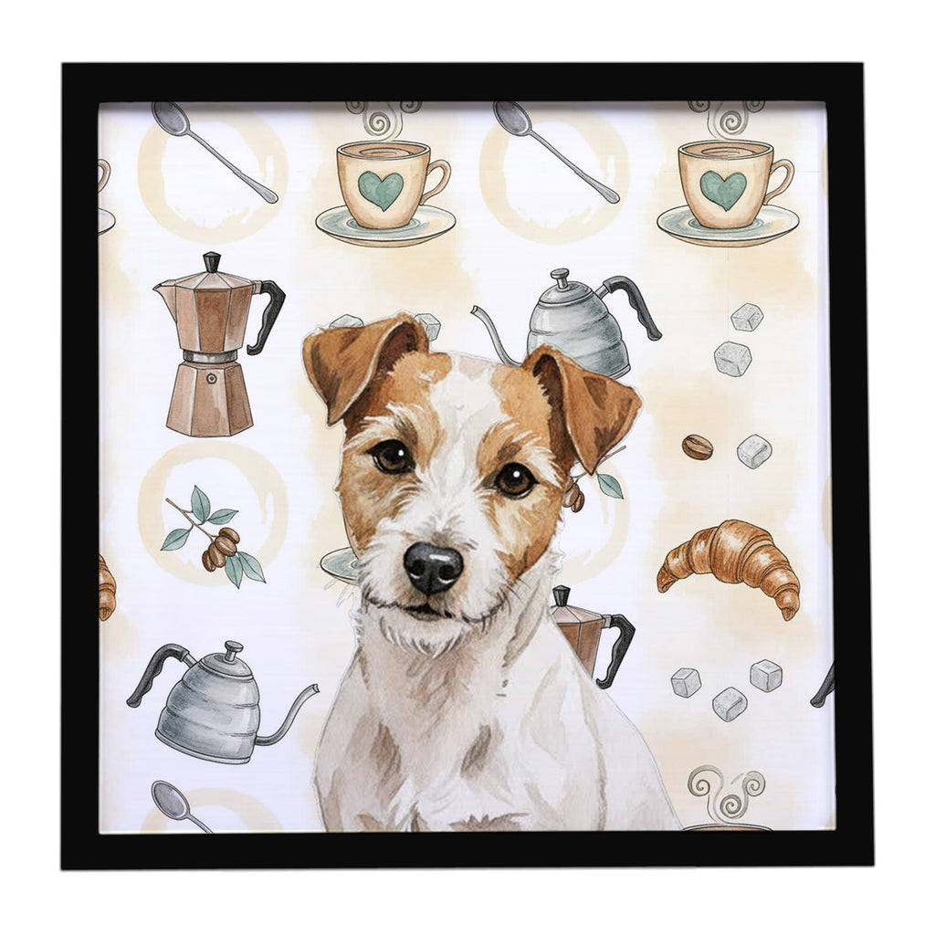 White with Tan Markings Russell Terrier Coffee Bar Framed Metal Print Bathroom, Kitchen, Office, Home Decor Wall Art Ready to Hang, Square, 8X8