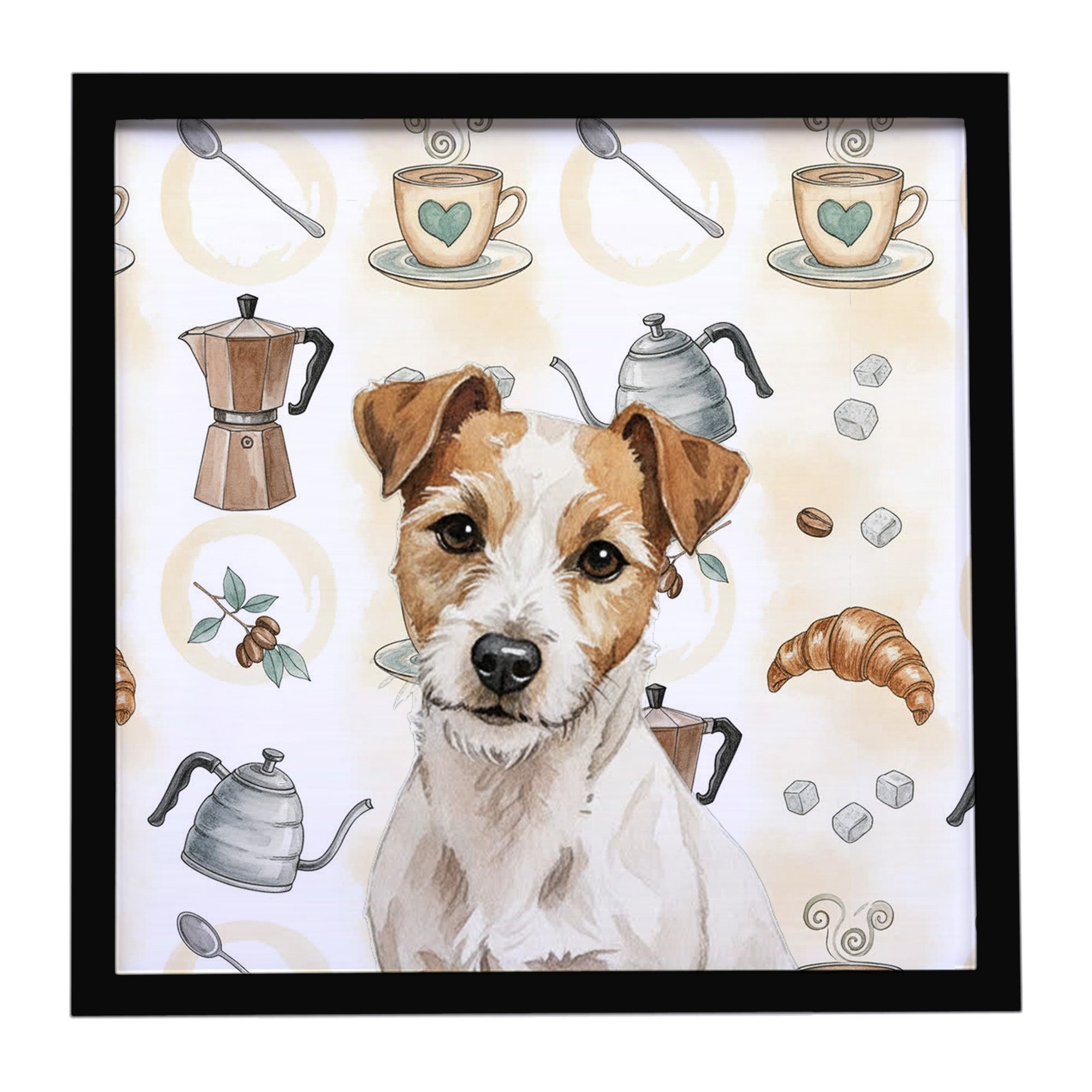 White with Tan Markings Russell Terrier Coffee Bar Framed Metal Print Bathroom, Kitchen, Office, Home Decor Wall Art Ready to Hang, Square, 8X8
