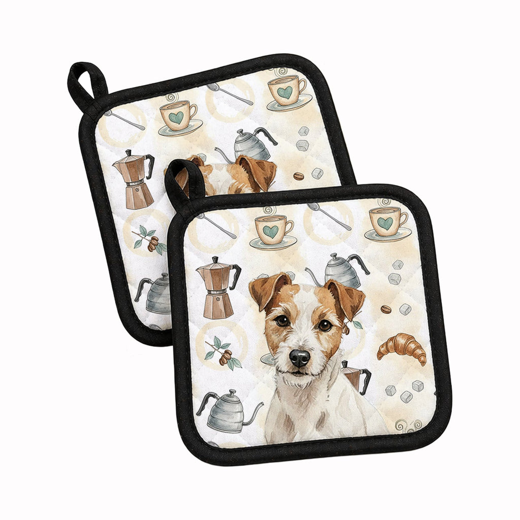 White with Tan Markings Russell Terrier Coffee Bar Pot Holder Set of 2 Heat Resistant Quilted Hot Pads 7.5 x 7.5 Inch, Insulated Kitchen Trivets for Cooking & Baking