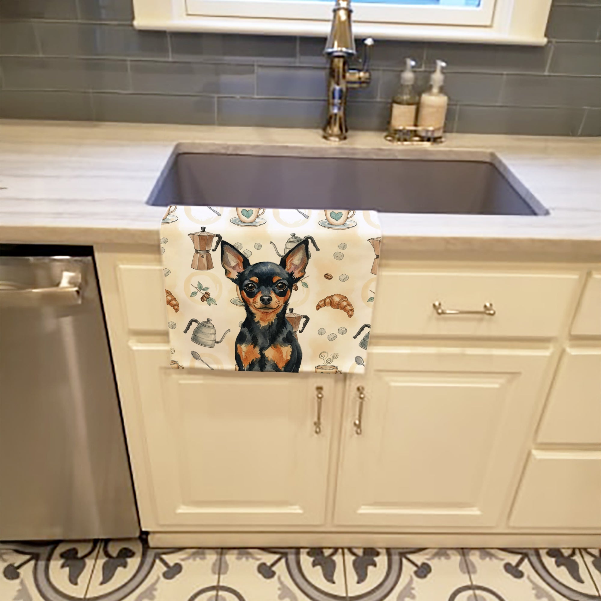 Black and Tan Russian Toy Coffee Bar Kitchen Towel Velour Plush Front and Cotton Loop Back Machine Washable