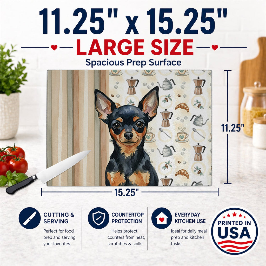 Black and Tan Russian Toy Coffee Bar Cutting Board Tempered Glass Kitchen Cutting Surface, Heat Resistant Chopping, Non-Slip Feet, Food Prep & Serving