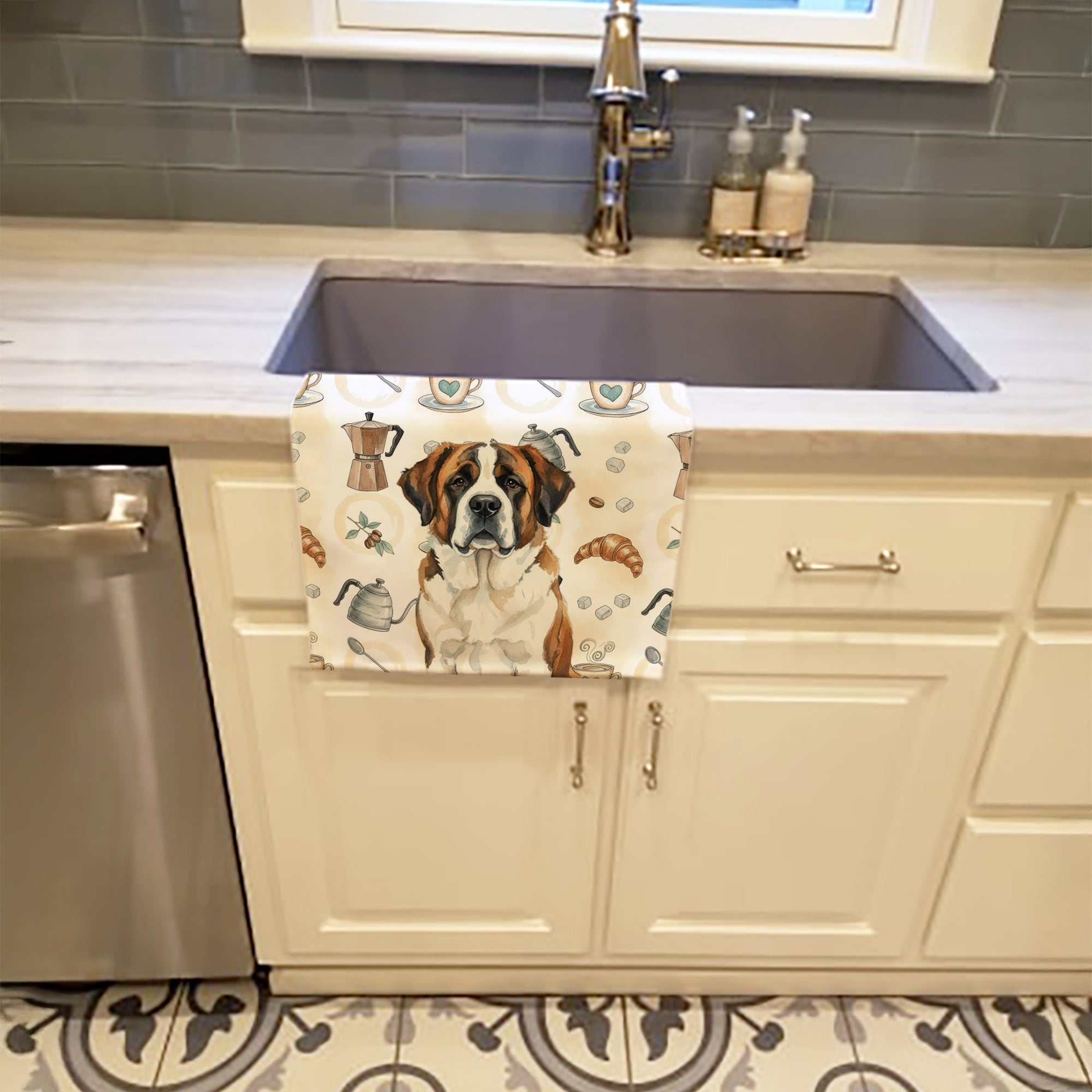 Brindle and White Saint Bernard Coffee Bar Kitchen Towel Velour Plush Front and Cotton Loop Back Machine Washable