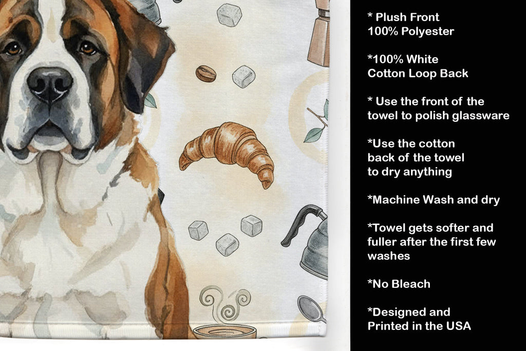 Brindle and White Saint Bernard Coffee Bar Kitchen Towel Velour Plush Front and Cotton Loop Back Machine Washable