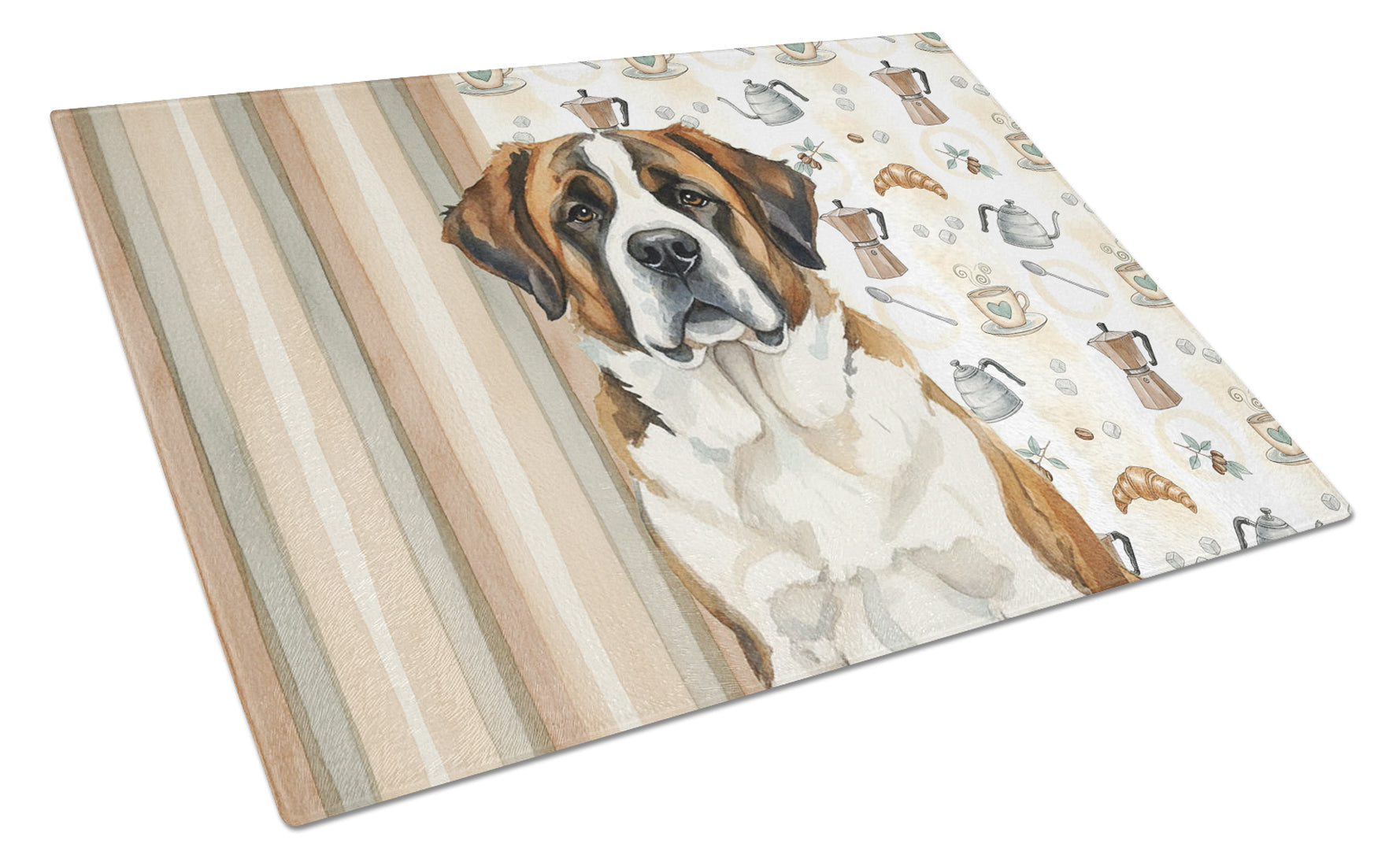 Brindle and White Saint Bernard Coffee Bar Cutting Board Tempered Glass Kitchen Cutting Surface, Heat Resistant Chopping, Non-Slip Feet, Food Prep & Serving