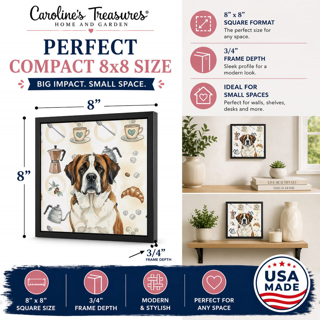 Brindle and White Saint Bernard Coffee Bar Framed Metal Print Bathroom, Kitchen, Office, Home Decor Wall Art Ready to Hang, Square, 8X8