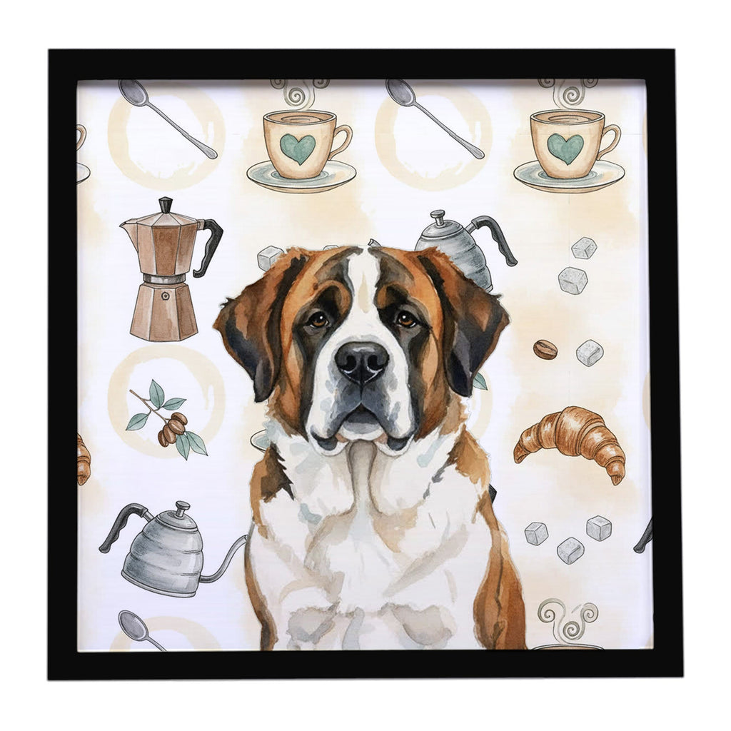Brindle and White Saint Bernard Coffee Bar Framed Metal Print Bathroom, Kitchen, Office, Home Decor Wall Art Ready to Hang, Square, 8X8