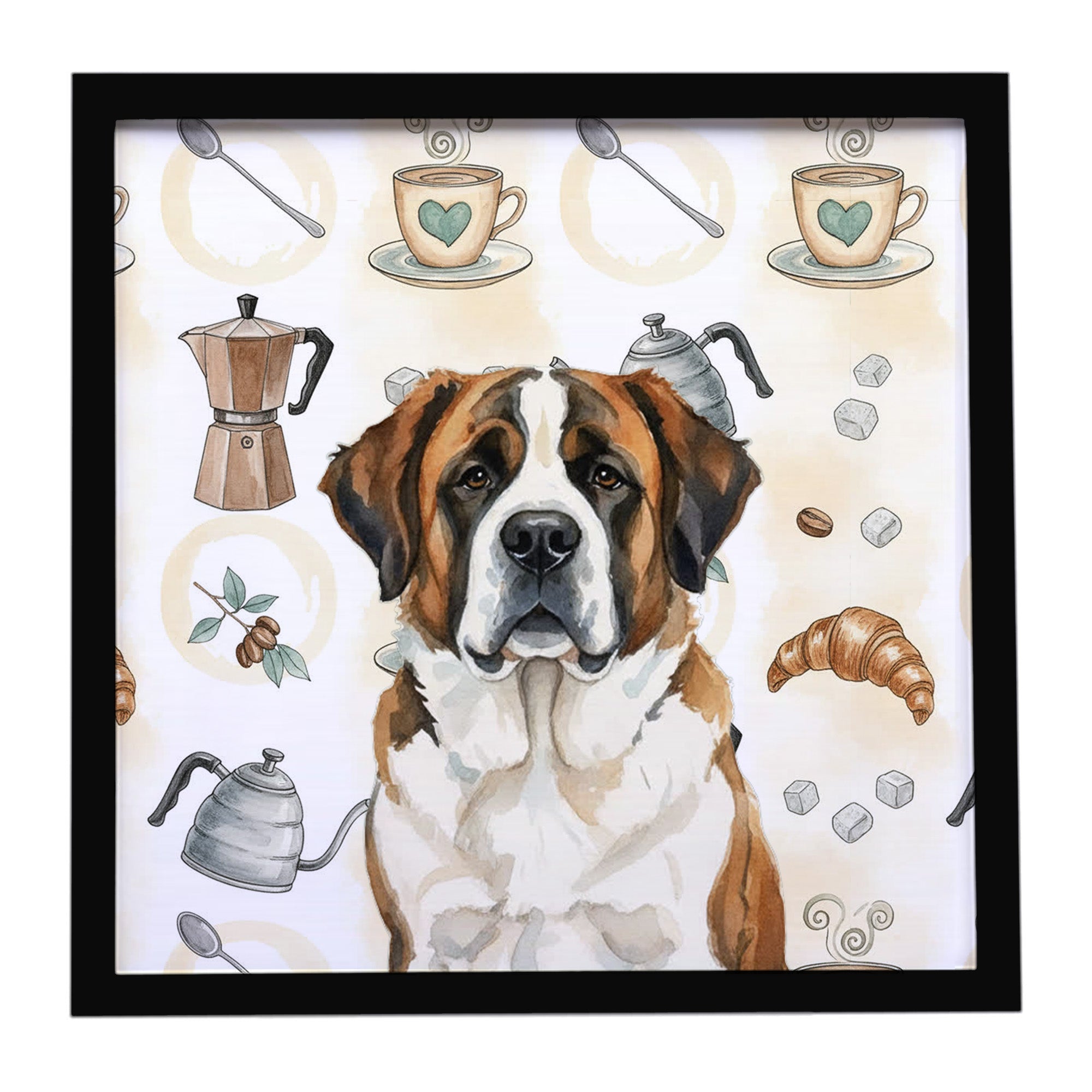 Brindle and White Saint Bernard Coffee Bar Framed Metal Print Bathroom, Kitchen, Office, Home Decor Wall Art Ready to Hang, Square, 8X8