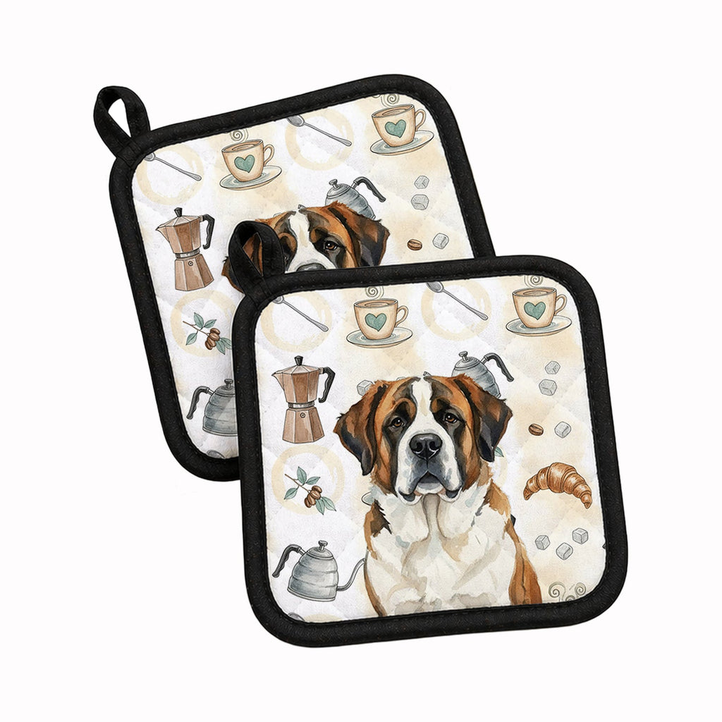 Brindle and White Saint Bernard Coffee Bar Pot Holder Set of 2 Heat Resistant Quilted Hot Pads 7.5 x 7.5 Inch, Insulated Kitchen Trivets for Cooking & Baking
