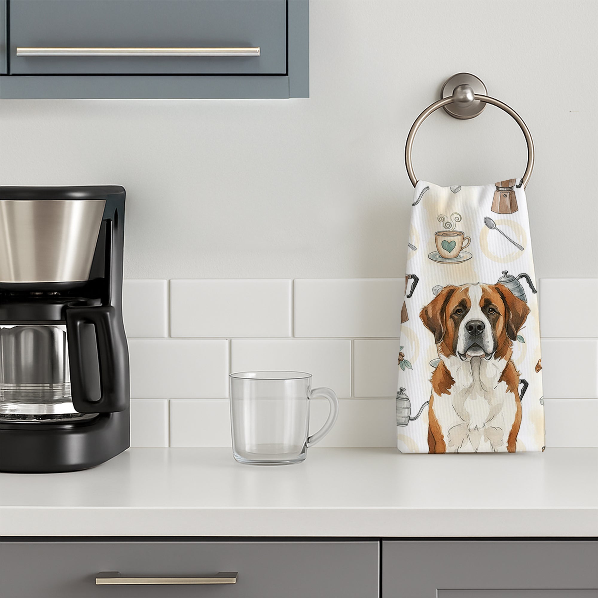 Brown and White Saint Bernard Coffee Bar Kitchen Towel Velour Plush Front and Cotton Loop Back Machine Washable