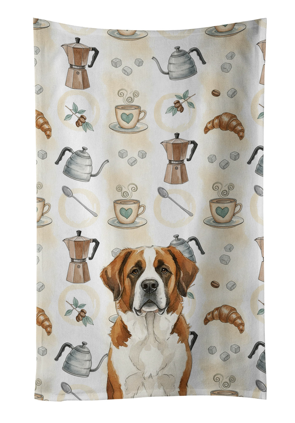 Brown and White Saint Bernard Coffee Bar Kitchen Towel Velour Plush Front and Cotton Loop Back Machine Washable