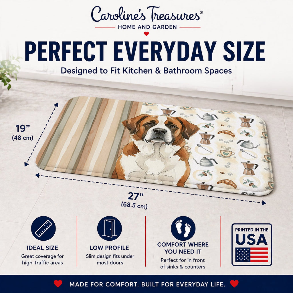 Brown and White Saint Bernard Coffee Bar Memory Foam Kitchen Mat Machine Washable Anti-Fatigue Cushion Comfort Bath or Kitchen Rug