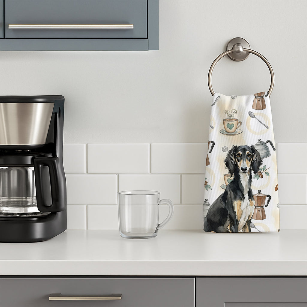 Black and Tan Saluki Coffee Bar Kitchen Towel Velour Plush Front and Cotton Loop Back Machine Washable