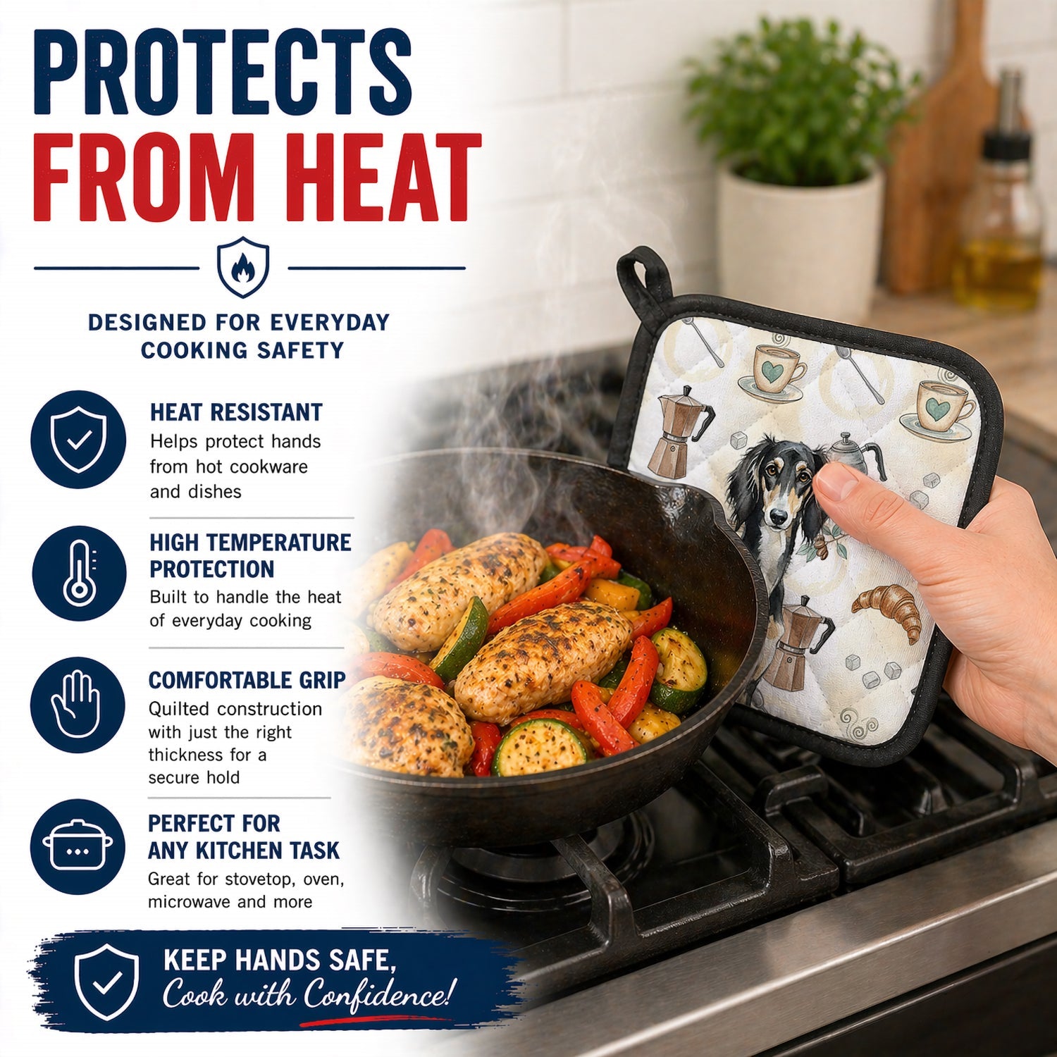 Black and Tan Saluki Coffee Bar Pot Holder Set of 2 Heat Resistant Quilted Hot Pads 7.5 x 7.5 Inch, Insulated Kitchen Trivets for Cooking & Baking