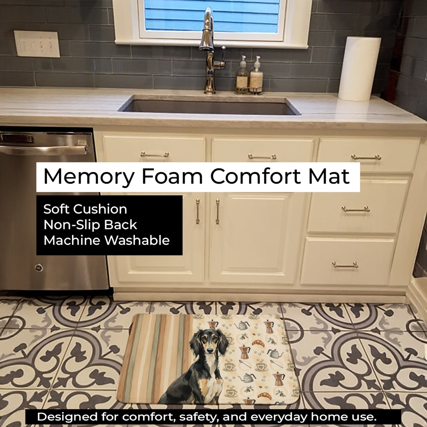 Black and Tan Saluki Coffee Bar Memory Foam Kitchen Mat Machine Washable Anti-Fatigue Cushion Comfort Bath or Kitchen Rug