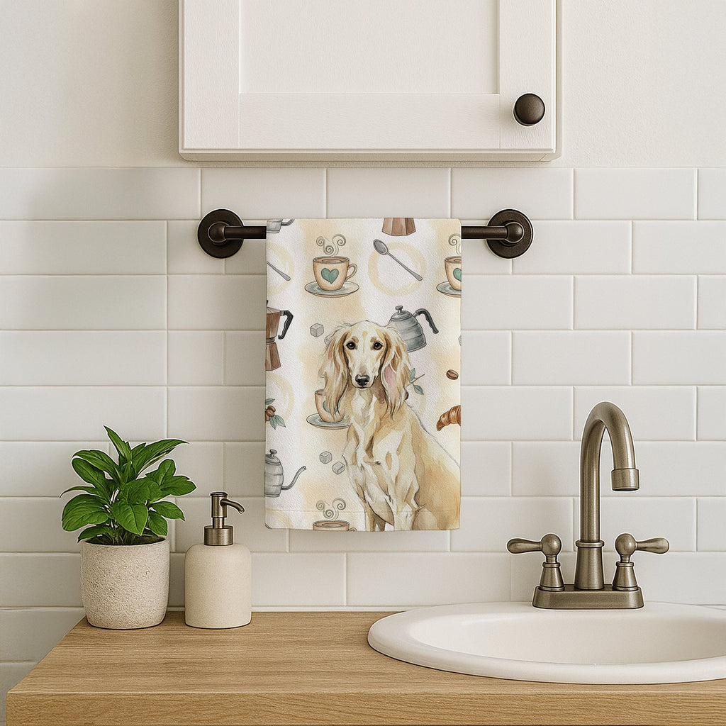 Cream Saluki Coffee Bar Kitchen Towel Velour Plush Front and Cotton Loop Back Machine Washable
