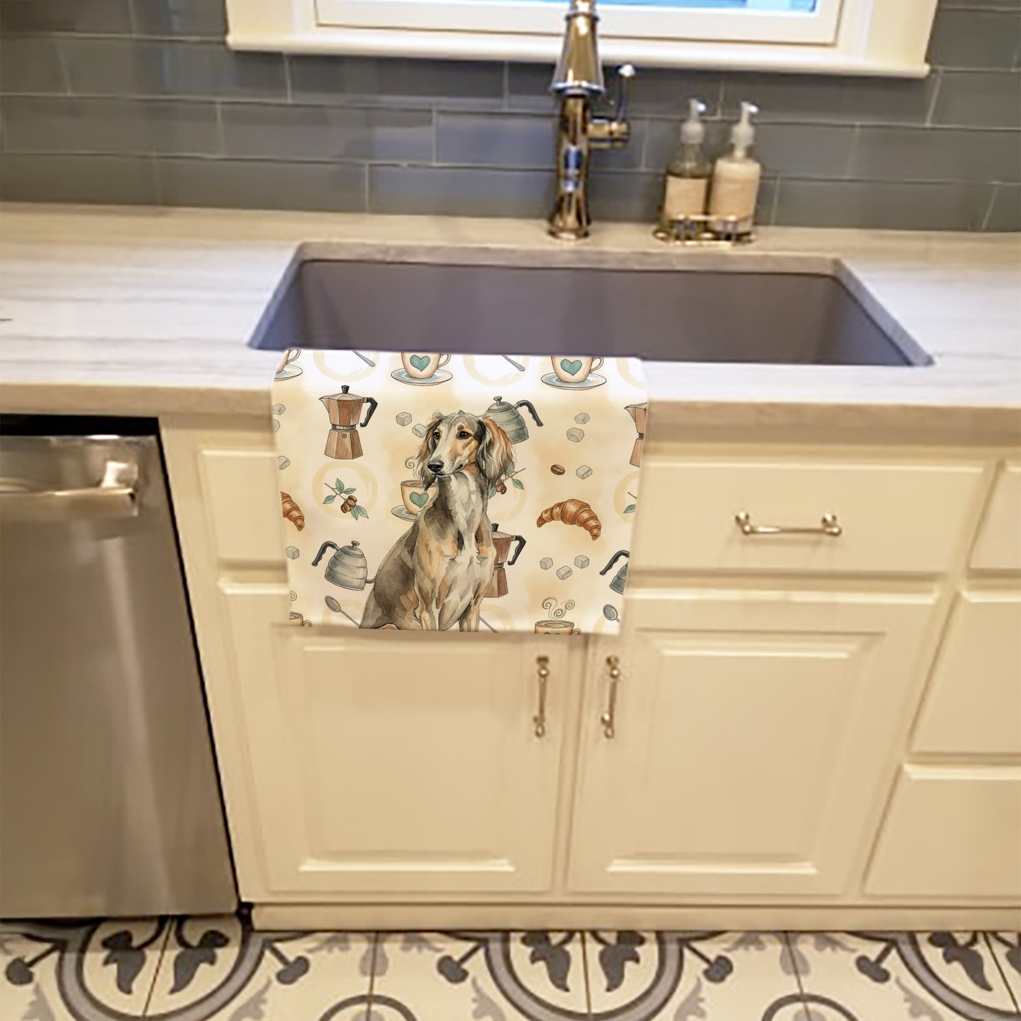 Grizzle Saluki Coffee Bar Kitchen Towel Velour Plush Front and Cotton Loop Back Machine Washable