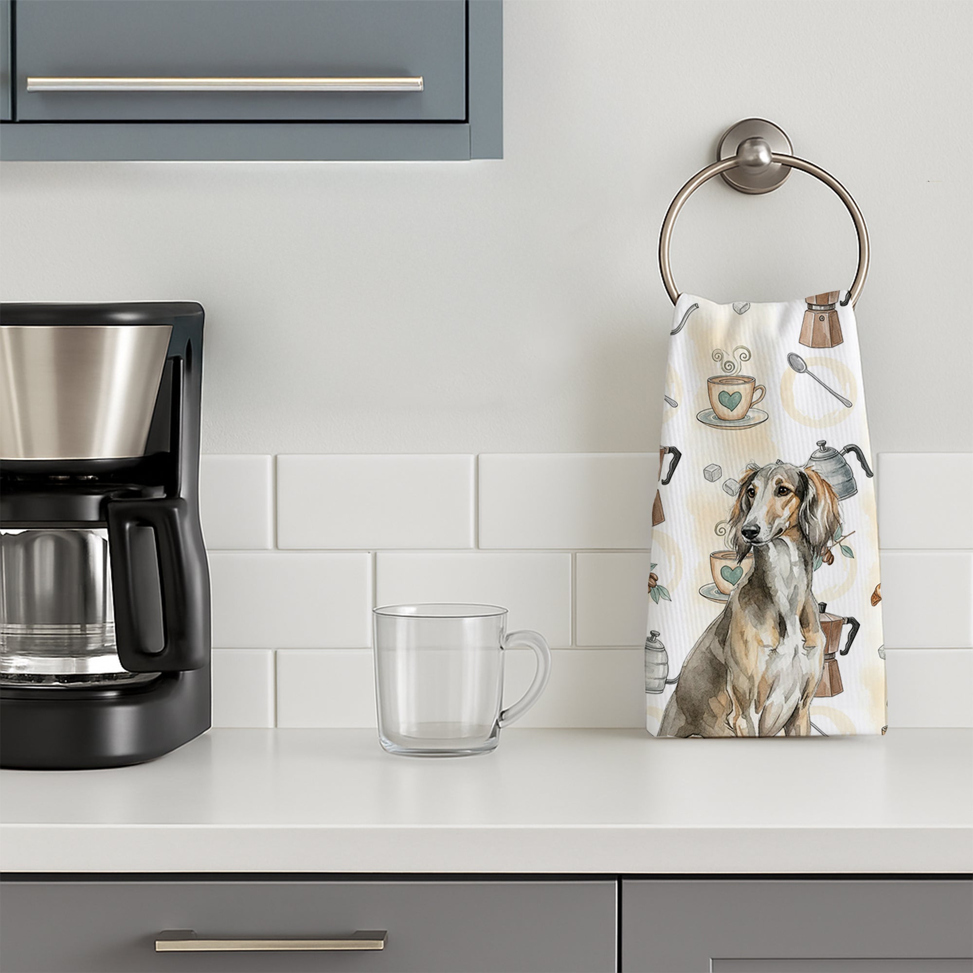 Grizzle Saluki Coffee Bar Kitchen Towel Velour Plush Front and Cotton Loop Back Machine Washable