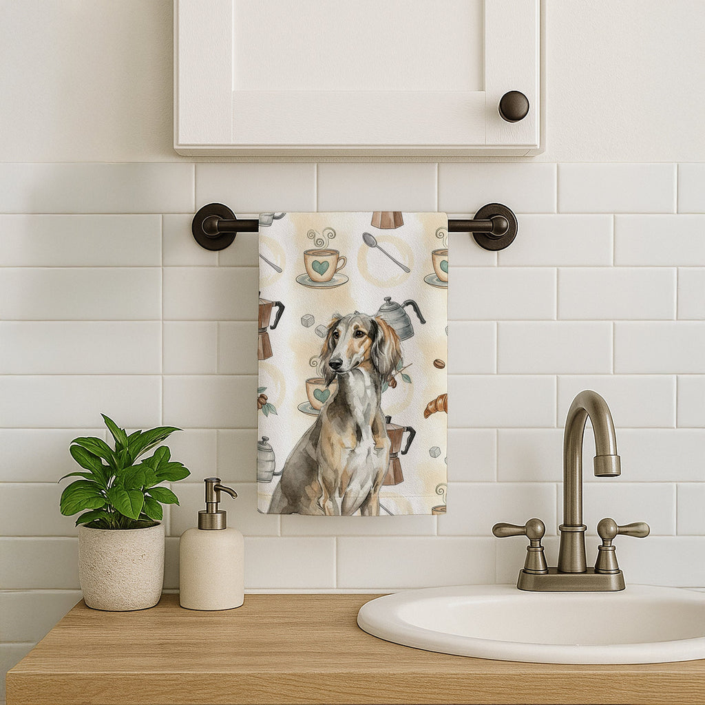 Grizzle Saluki Coffee Bar Kitchen Towel Velour Plush Front and Cotton Loop Back Machine Washable