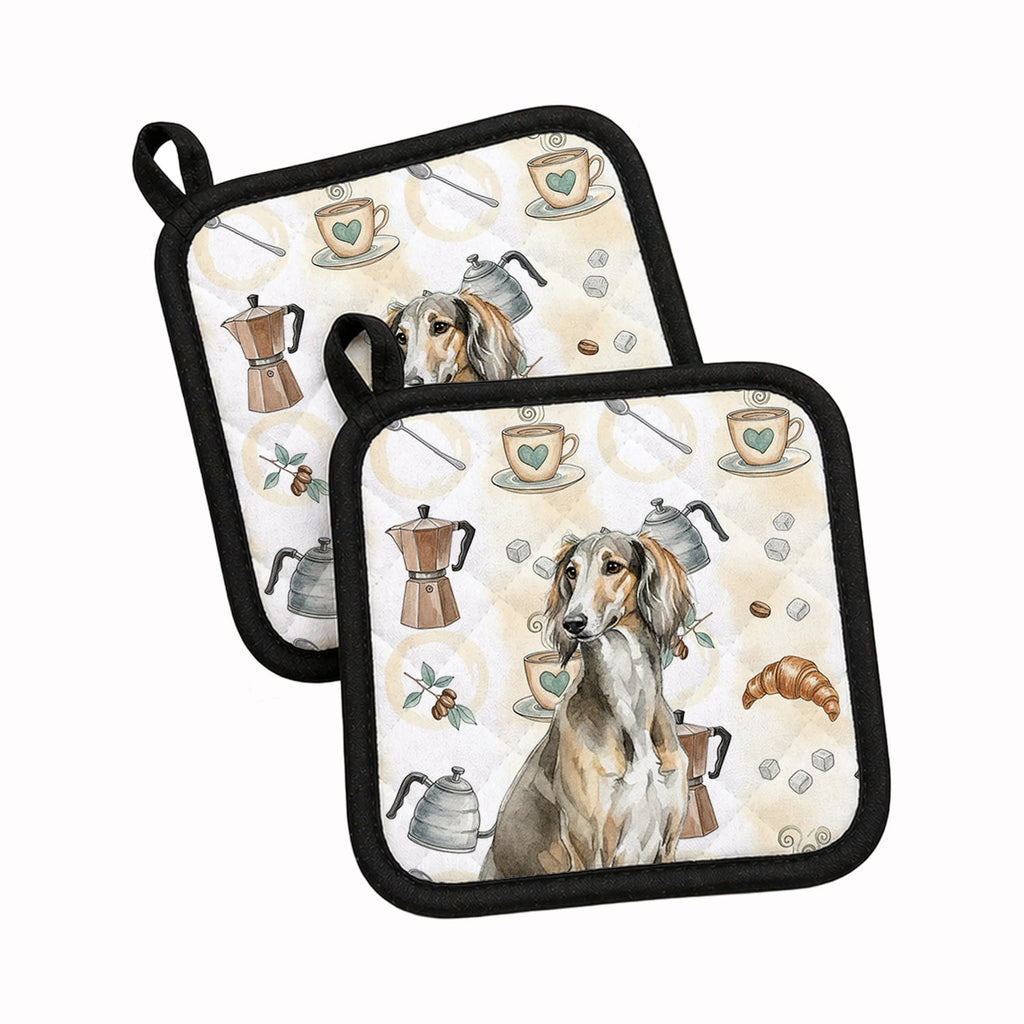 Grizzle Saluki Coffee Bar Pot Holder Set of 2 Heat Resistant Quilted Hot Pads 7.5 x 7.5 Inch, Insulated Kitchen Trivets for Cooking & Baking