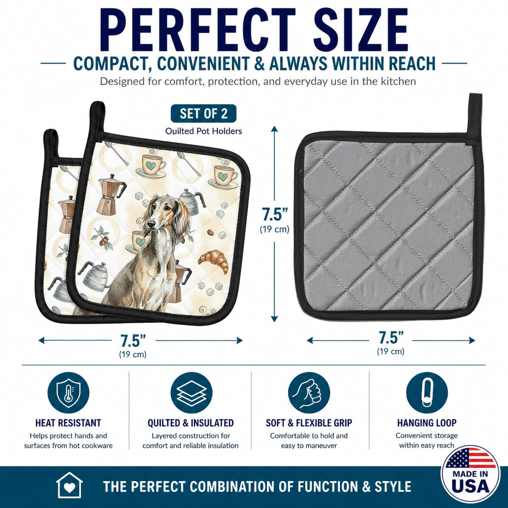Grizzle Saluki Coffee Bar Pot Holder Set of 2 Heat Resistant Quilted Hot Pads 7.5 x 7.5 Inch, Insulated Kitchen Trivets for Cooking & Baking