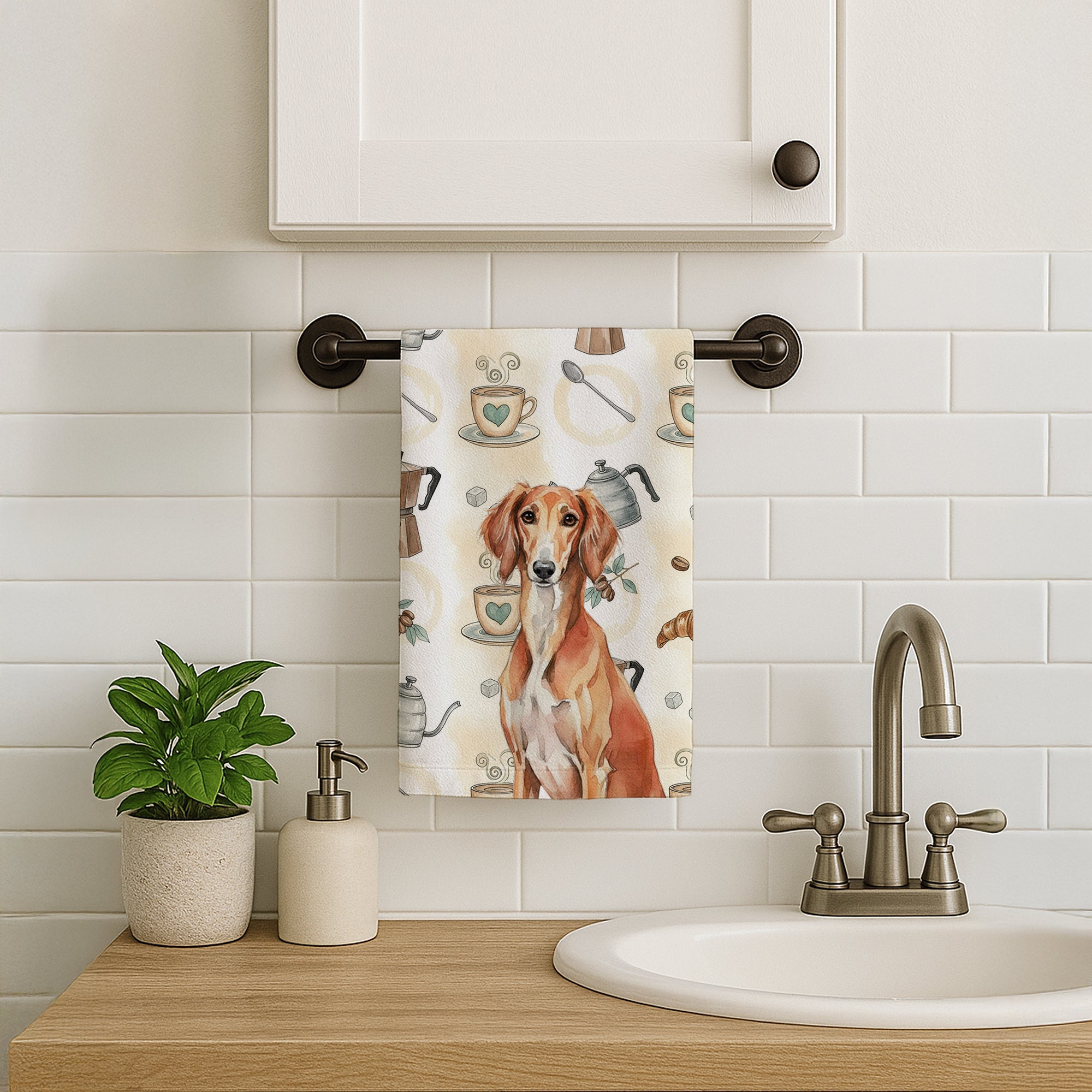 Red Saluki Coffee Bar Kitchen Towel Velour Plush Front and Cotton Loop Back Machine Washable