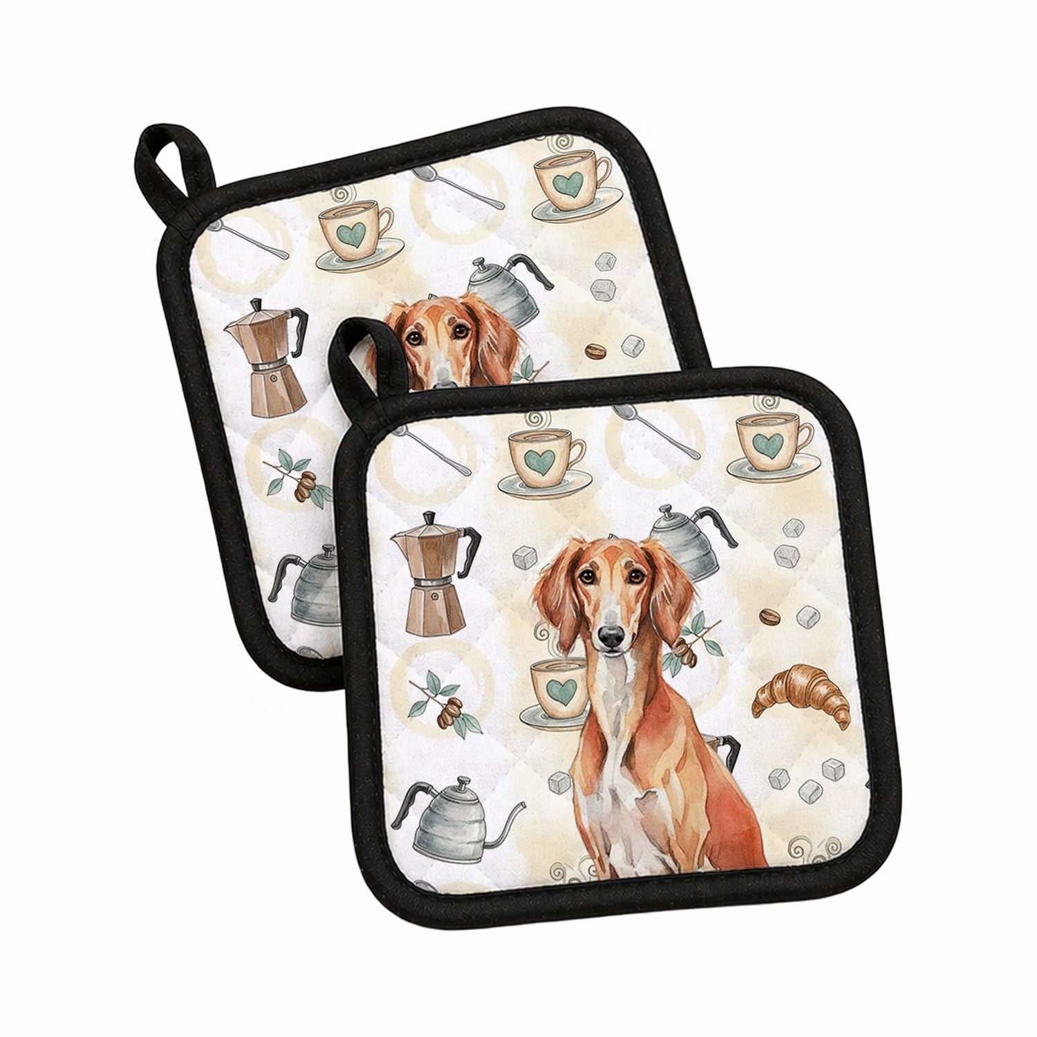 Red Saluki Coffee Bar Pot Holder Set of 2 Heat Resistant Quilted Hot Pads 7.5 x 7.5 Inch, Insulated Kitchen Trivets for Cooking & Baking
