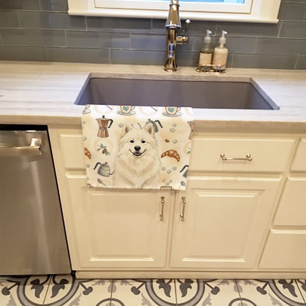Cream Samoyed Coffee Bar Kitchen Towel Velour Plush Front and Cotton Loop Back Machine Washable