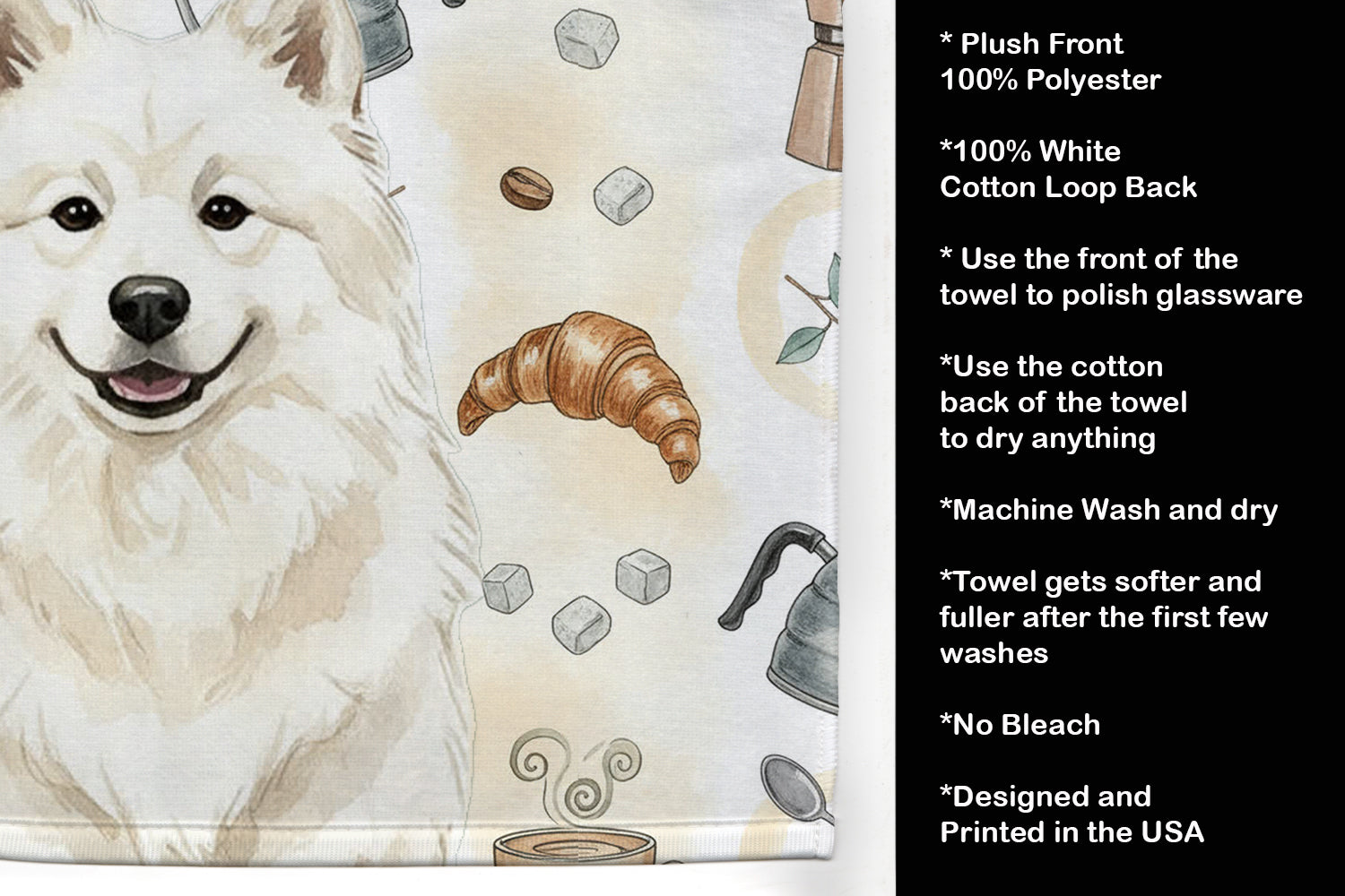 Cream Samoyed Coffee Bar Kitchen Towel Velour Plush Front and Cotton Loop Back Machine Washable