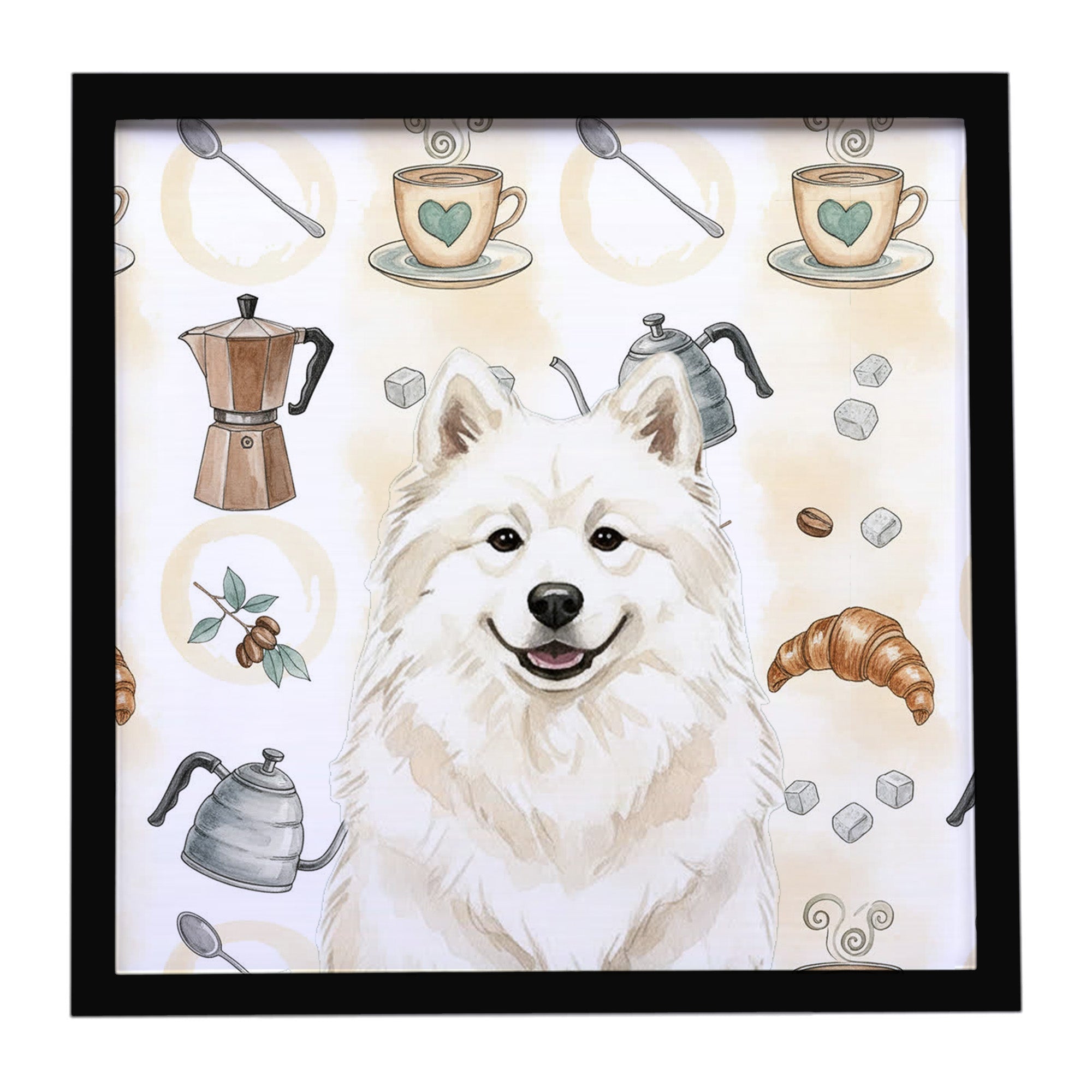 Cream Samoyed Coffee Bar Framed Metal Print Bathroom, Kitchen, Office, Home Decor Wall Art Ready to Hang, Square, 8X8