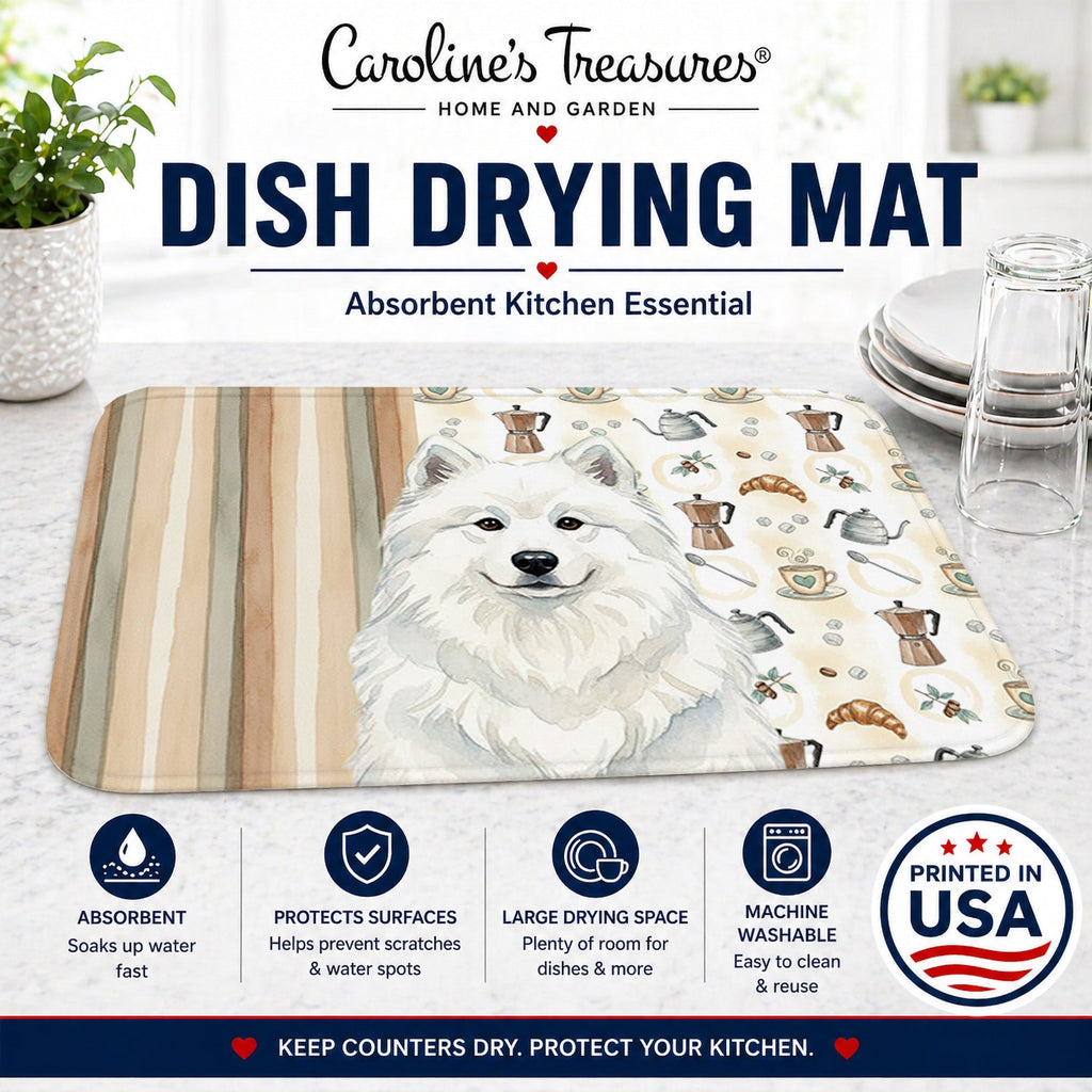 White Samoyed Coffee Bar Dish Drying Mat Absorbent Dish Drying Mat Pad for Kitchen Counter Dish Drainer Mat for Countertop, 14 x 21", Multicolor