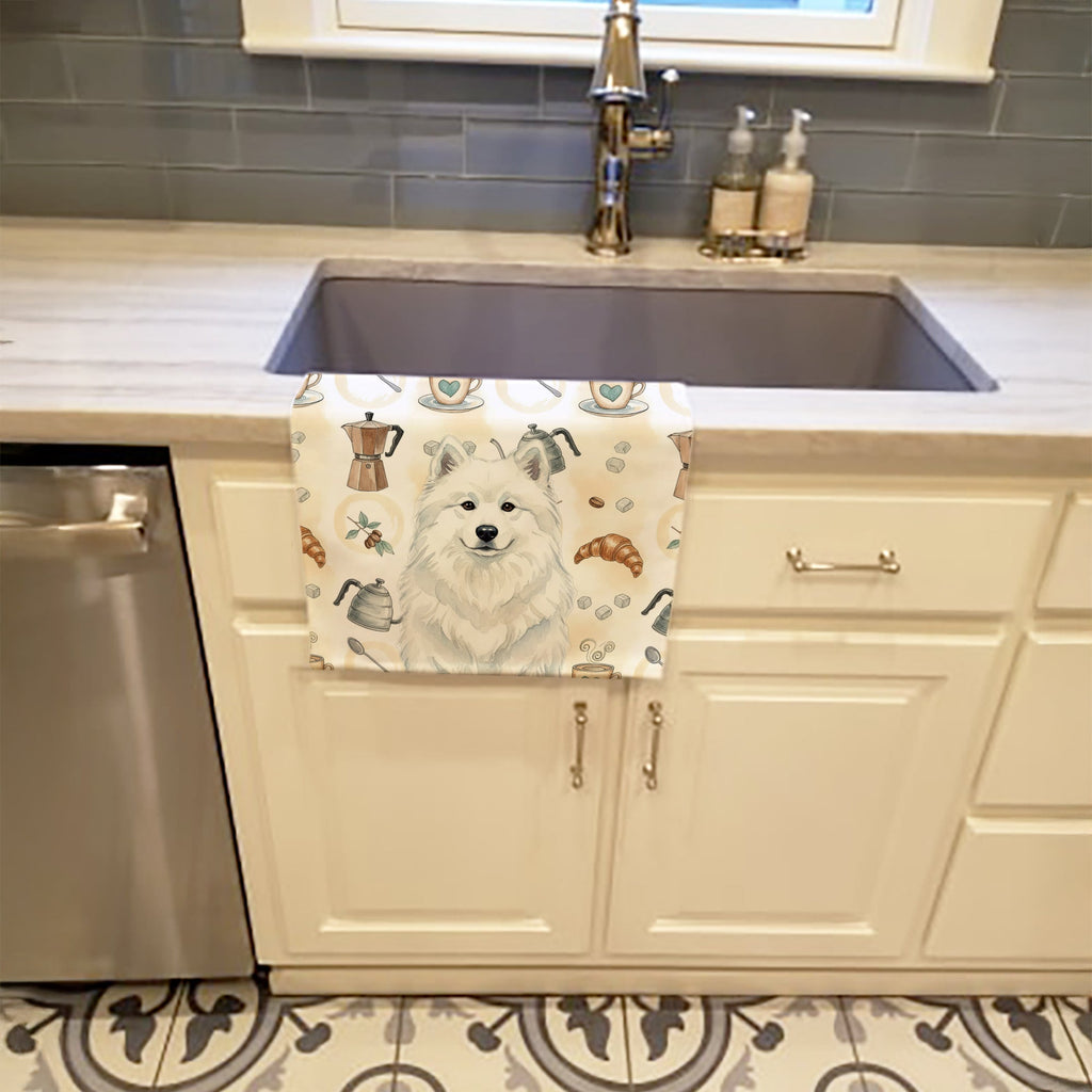 White Samoyed Coffee Bar Kitchen Towel Velour Plush Front and Cotton Loop Back Machine Washable