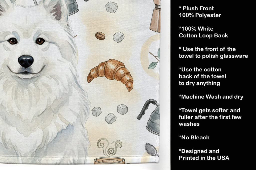 White Samoyed Coffee Bar Kitchen Towel Velour Plush Front and Cotton Loop Back Machine Washable