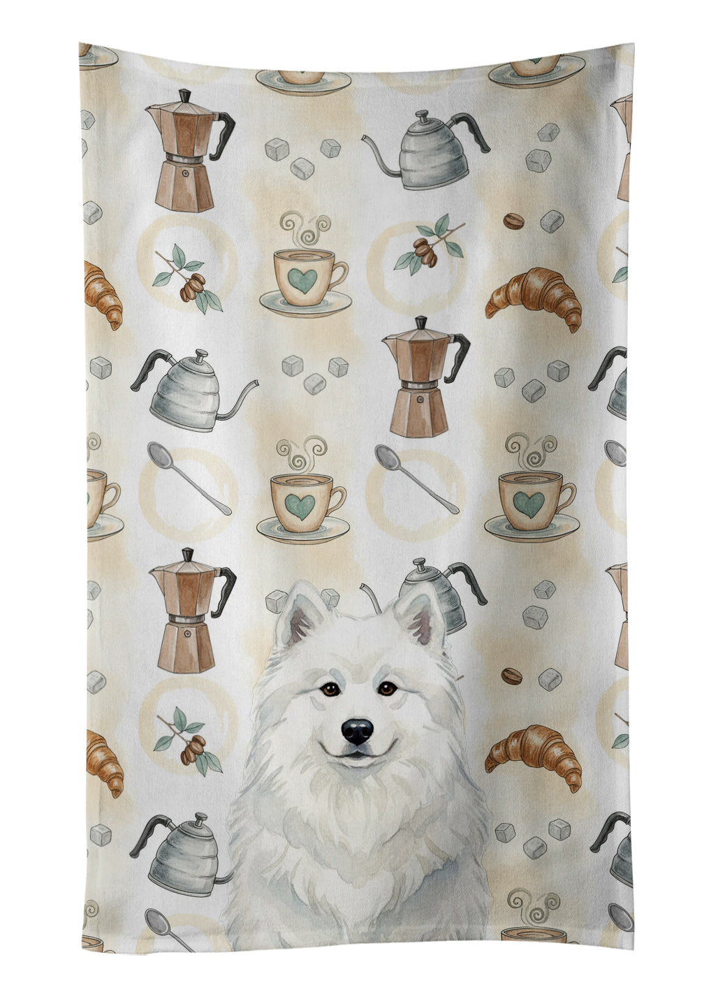 White Samoyed Coffee Bar Kitchen Towel Velour Plush Front and Cotton Loop Back Machine Washable