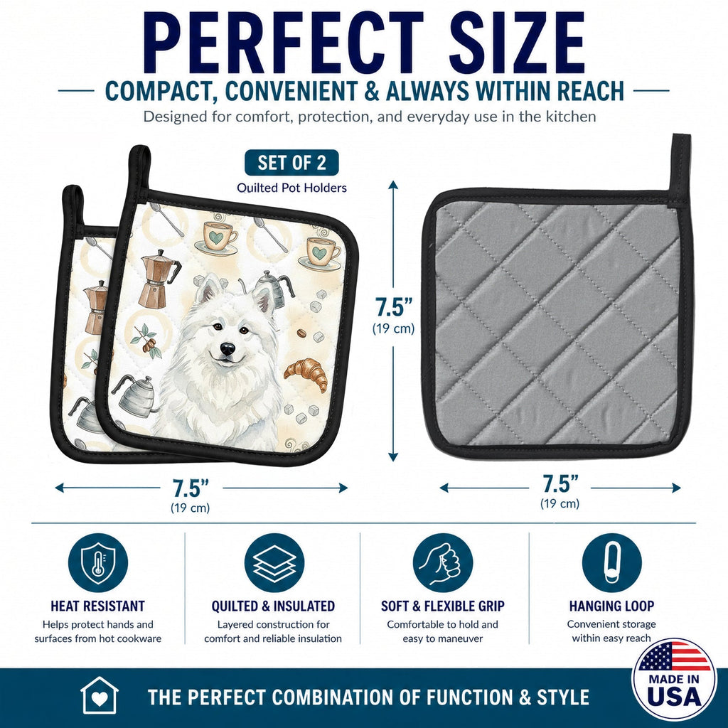 White Samoyed Coffee Bar Pot Holder Set of 2 Heat Resistant Quilted Hot Pads 7.5 x 7.5 Inch, Insulated Kitchen Trivets for Cooking & Baking