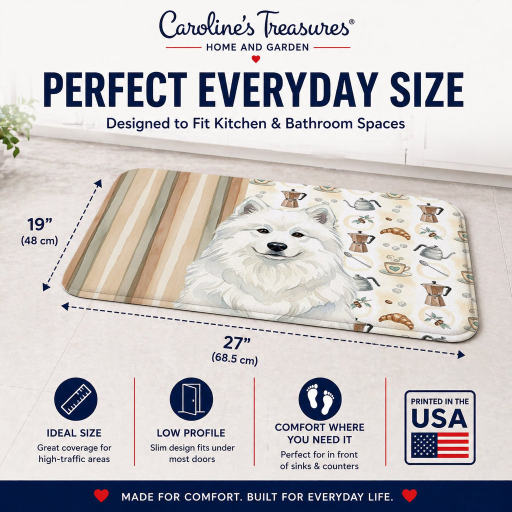 White Samoyed Coffee Bar Memory Foam Kitchen Mat Machine Washable Anti-Fatigue Cushion Comfort Bath or Kitchen Rug