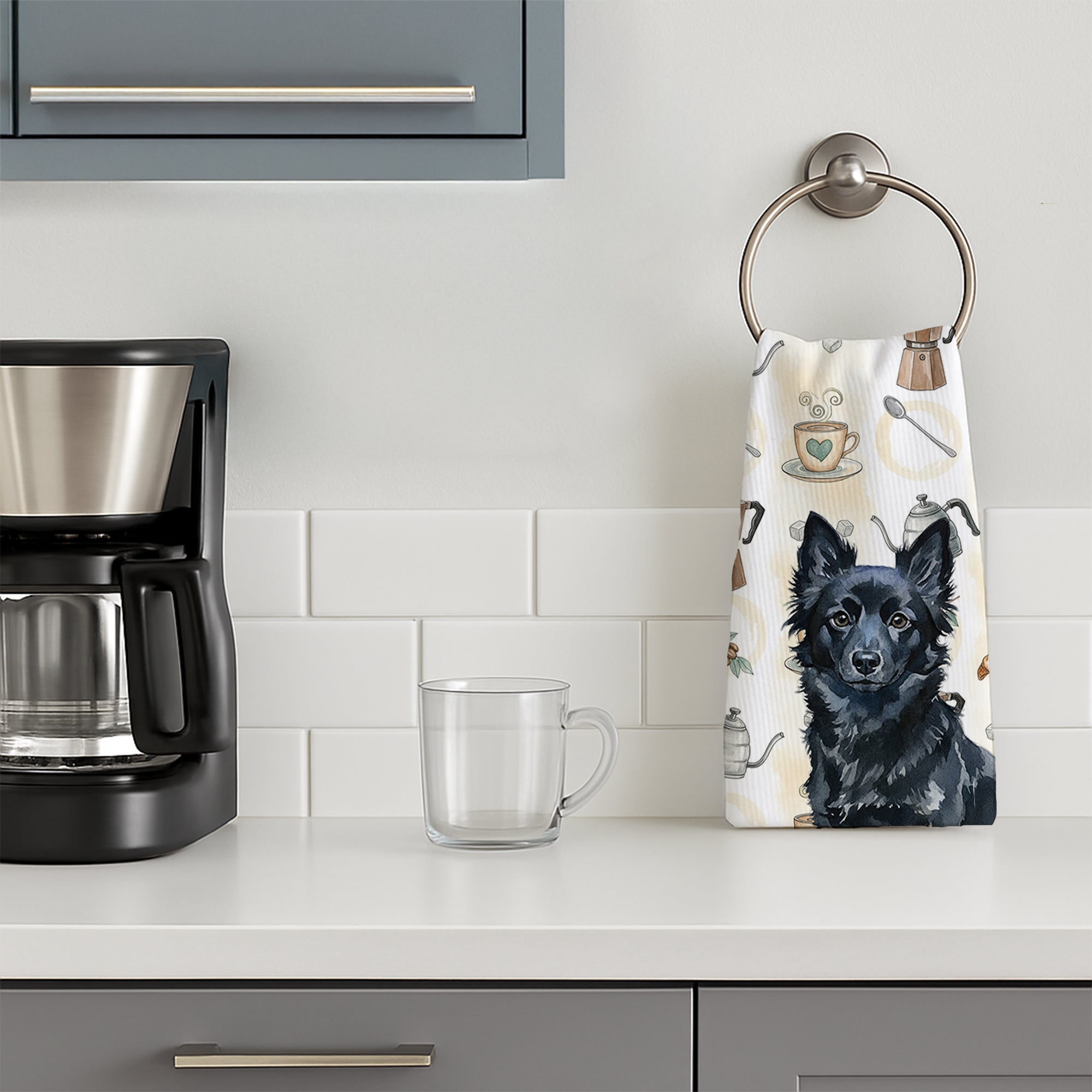 Schipperke Coffee Bar Kitchen Towel Velour Plush Front and Cotton Loop Back Machine Washable
