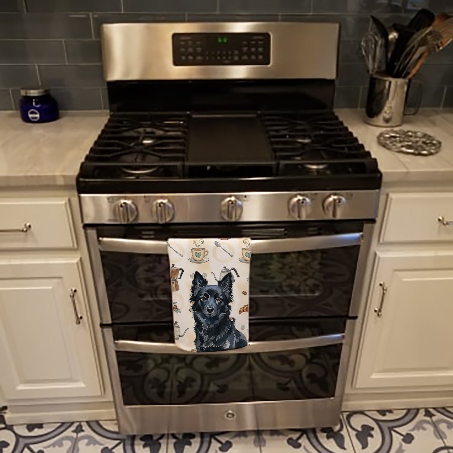 Schipperke Coffee Bar Kitchen Towel Velour Plush Front and Cotton Loop Back Machine Washable