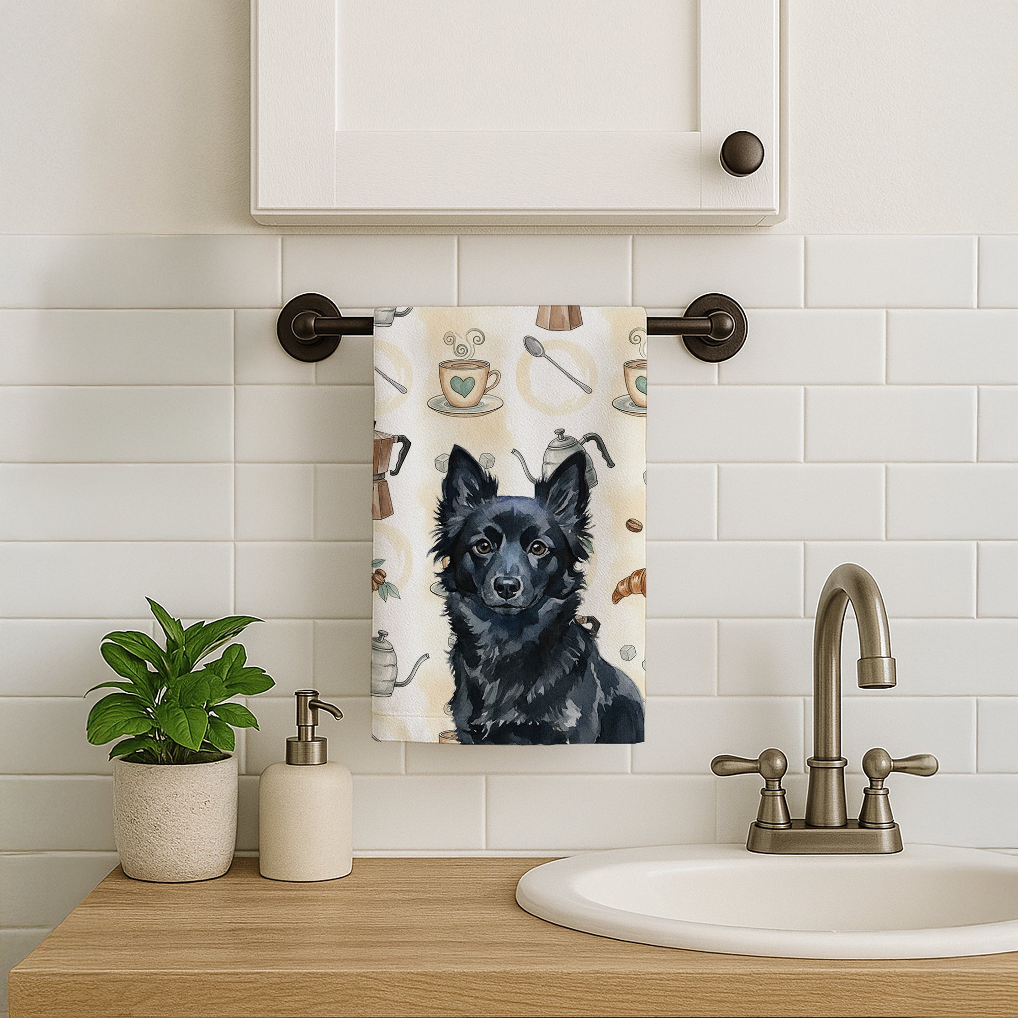 Schipperke Coffee Bar Kitchen Towel Velour Plush Front and Cotton Loop Back Machine Washable