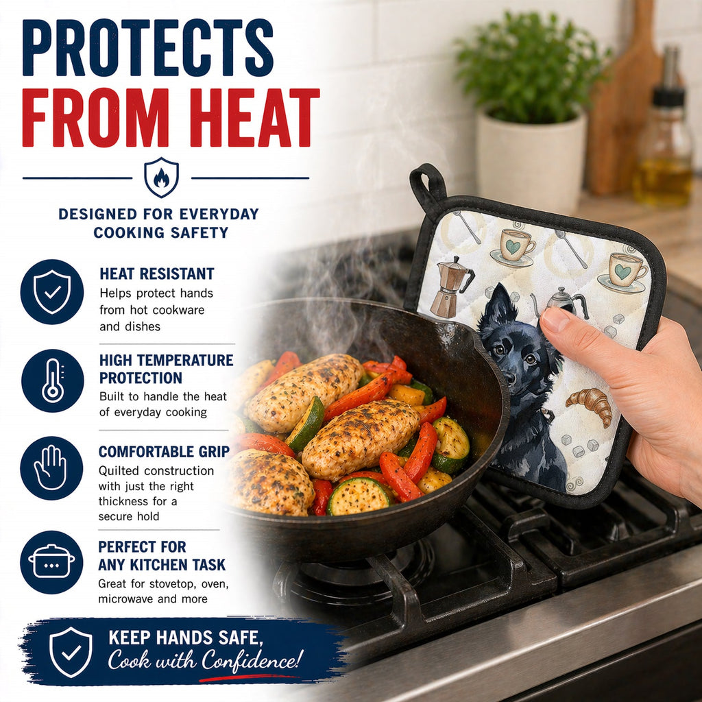 Schipperke Coffee Bar Pot Holder Set of 2 Heat Resistant Quilted Hot Pads 7.5 x 7.5 Inch, Insulated Kitchen Trivets for Cooking & Baking