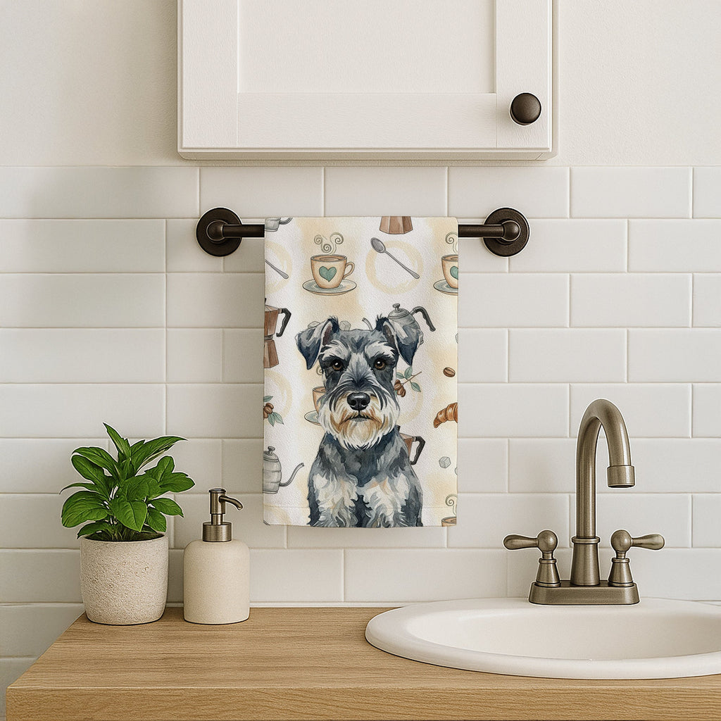 Schnauzer Coffee Bar Kitchen Towel Velour Plush Front and Cotton Loop Back Machine Washable