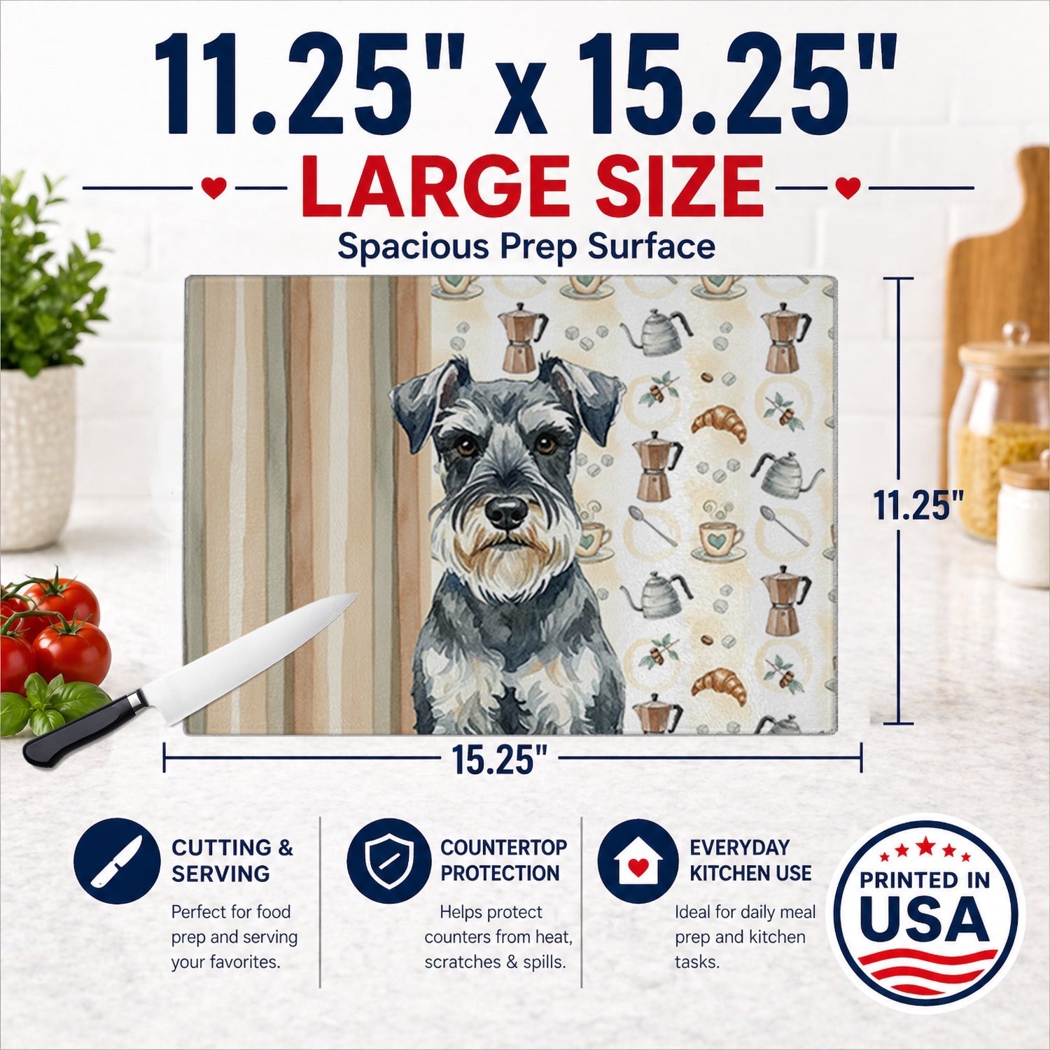 Schnauzer Coffee Bar Cutting Board Tempered Glass Kitchen Cutting Surface, Heat Resistant Chopping, Non-Slip Feet, Food Prep & Serving
