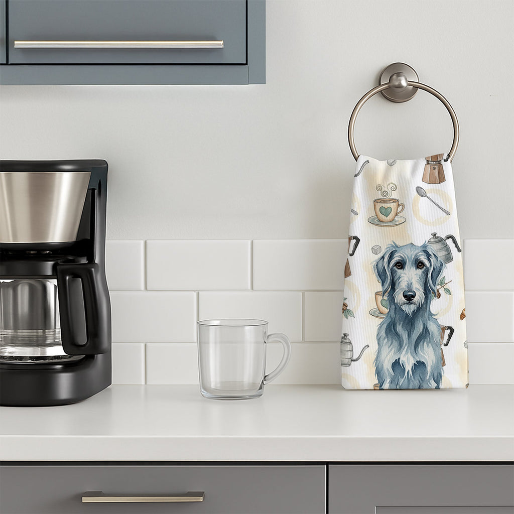 Blue-Gray Scottish Deerhound Coffee Bar Kitchen Towel Velour Plush Front and Cotton Loop Back Machine Washable