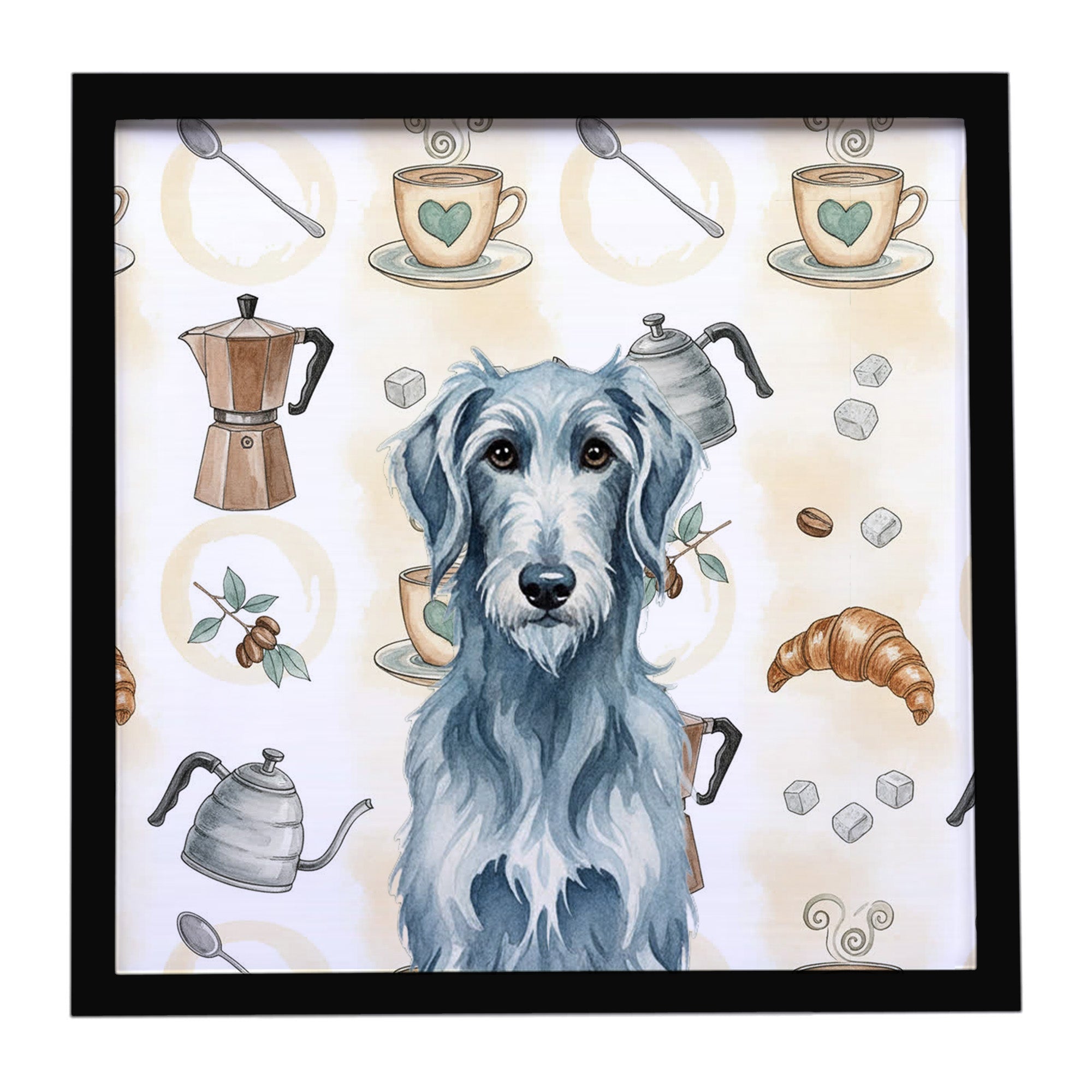 Blue-Gray Scottish Deerhound Coffee Bar Framed Metal Print Bathroom, Kitchen, Office, Home Decor Wall Art Ready to Hang, Square, 8X8