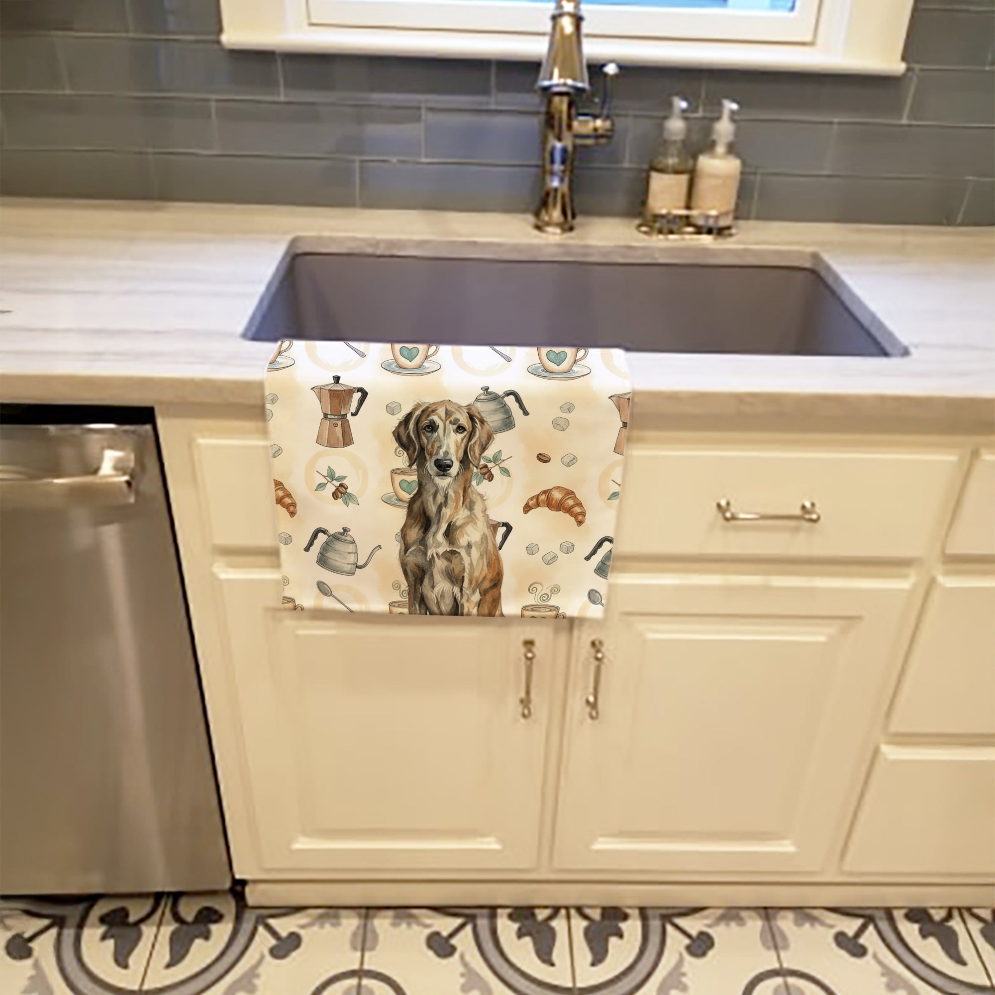 Brindle Scottish Deerhound Coffee Bar Kitchen Towel Velour Plush Front and Cotton Loop Back Machine Washable