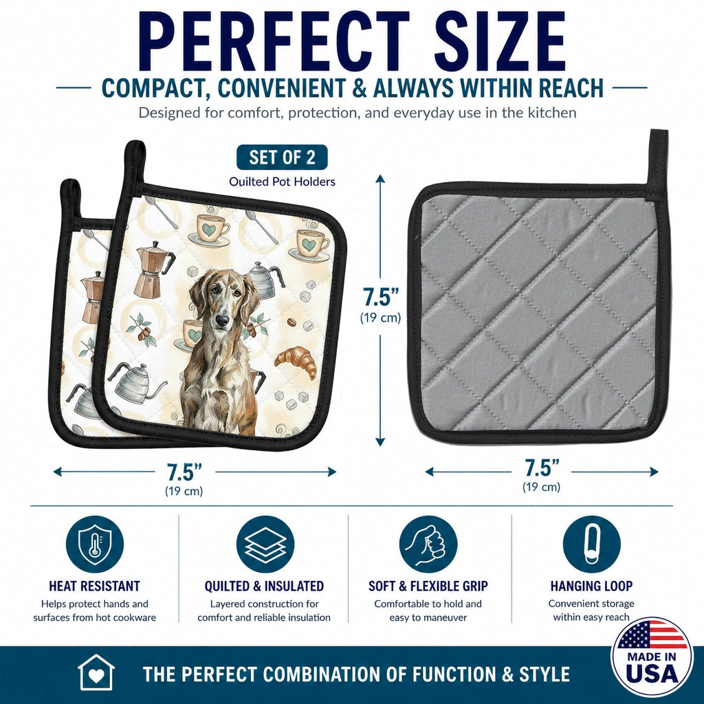 Brindle Scottish Deerhound Coffee Bar Pot Holder Set of 2 Heat Resistant Quilted Hot Pads 7.5 x 7.5 Inch, Insulated Kitchen Trivets for Cooking & Baking